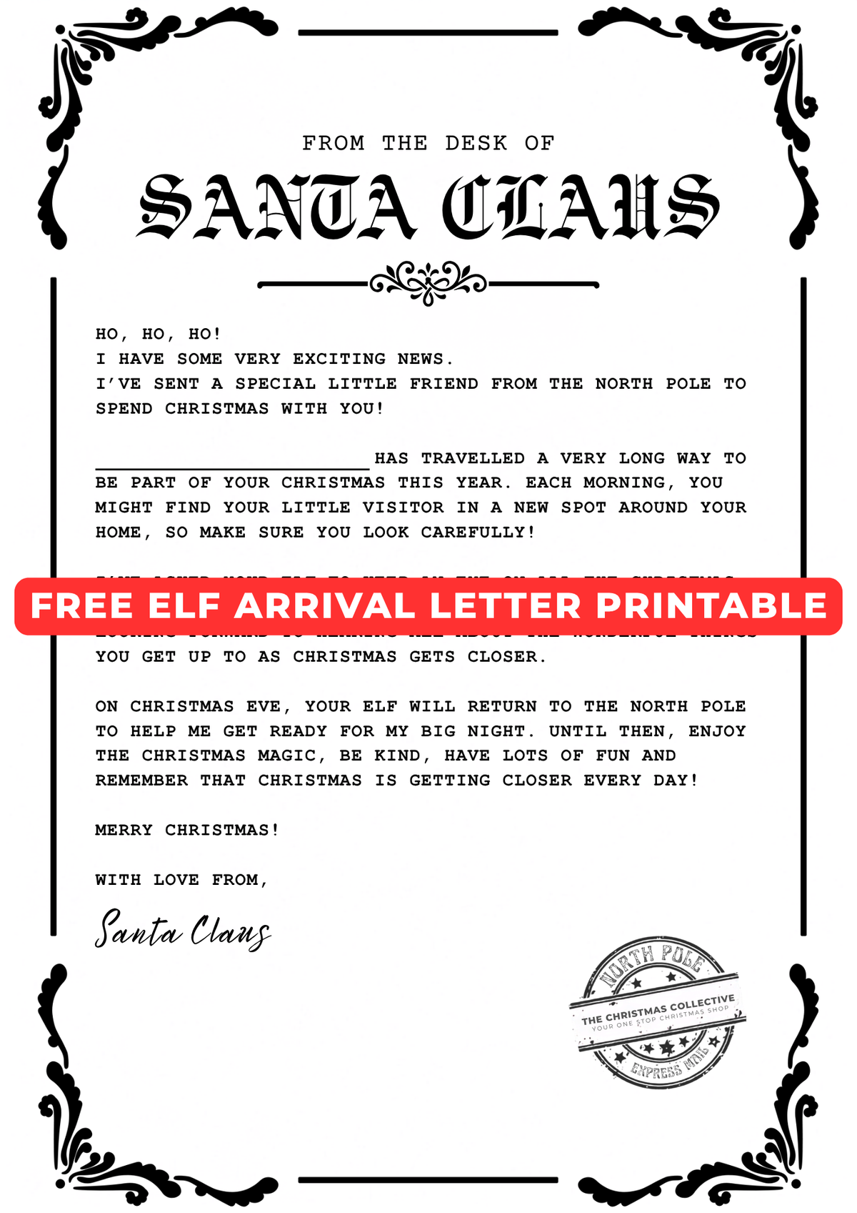 Free Christmas Elf Arrival Letter Printable