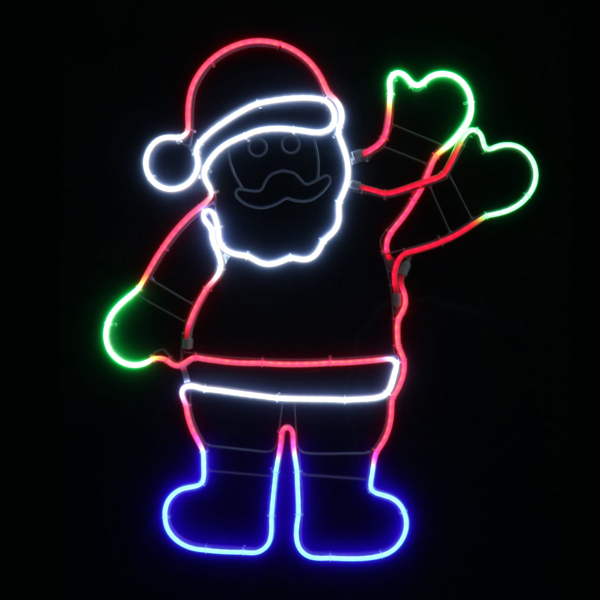 A festive Santa Claus light-up neon sign glowing against a solid black background. The figure is outlined in multiple colors including red, white, green, blue, and pink, with Santa waving his hand.