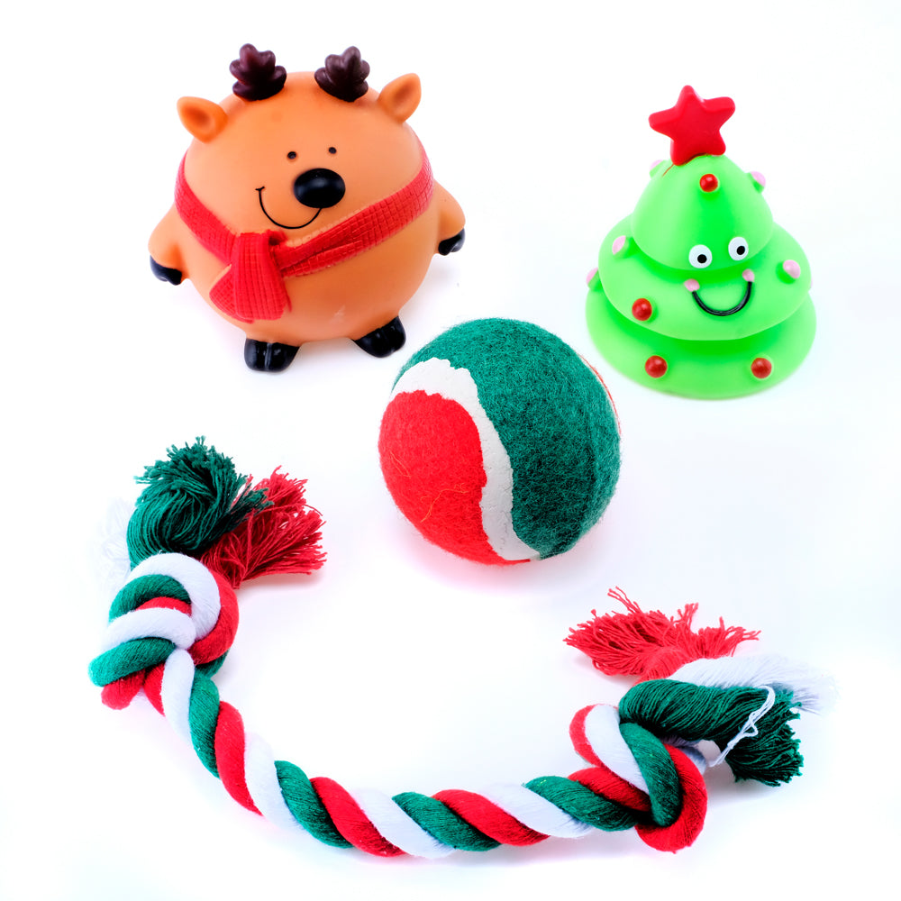 Pet Gift Pack Christmas 4pk Includes: Rope Reindeer Christmas Tree & Tennis Ball