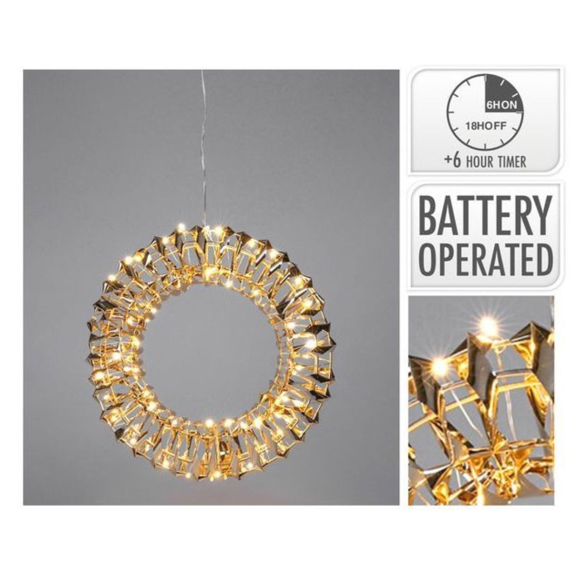 Christmas Wreath 30cm 30 LED Shiny Gold Battery Operated