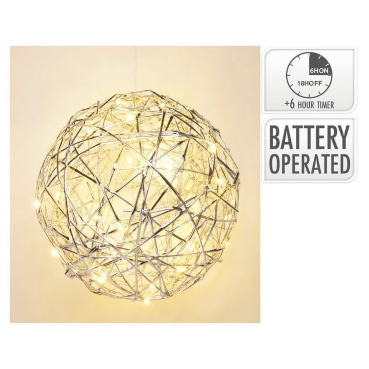 Ball 20cm with 30 LED Silver Battery Operated