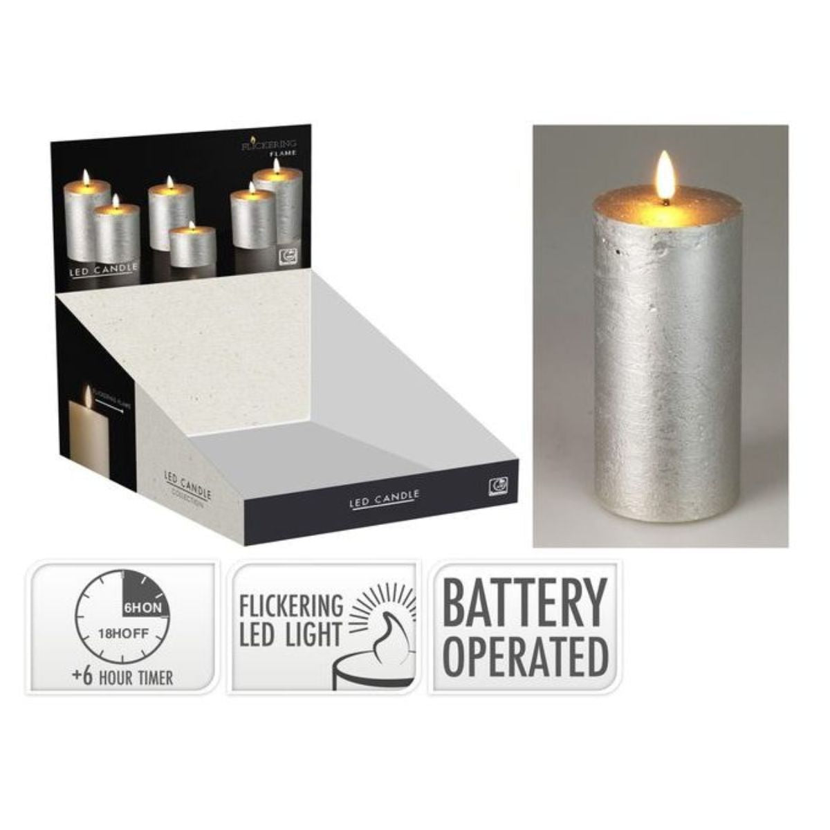 LED Candle 75 x 150mm Silver Battery Operated