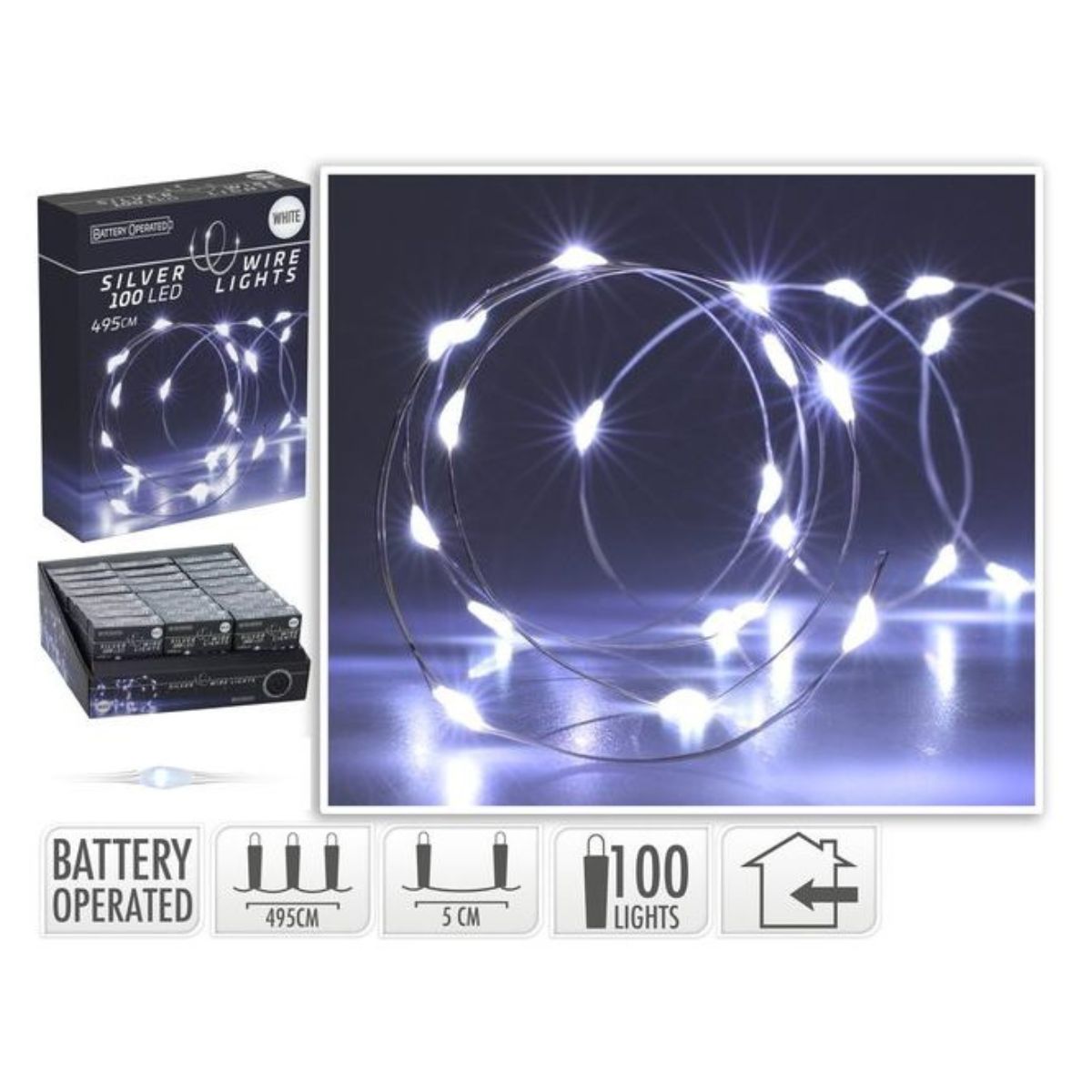 Silver Wire 100 LED White Battery Operated 4.95m