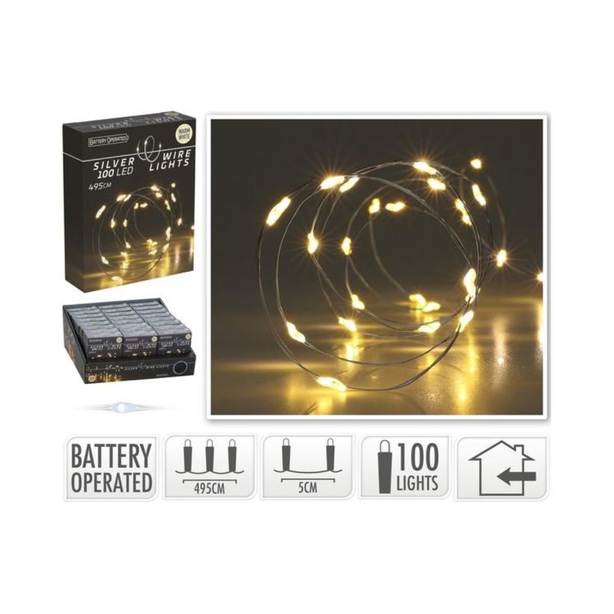 Silver Wire 100 LED with White Battery Operated 4.95m
