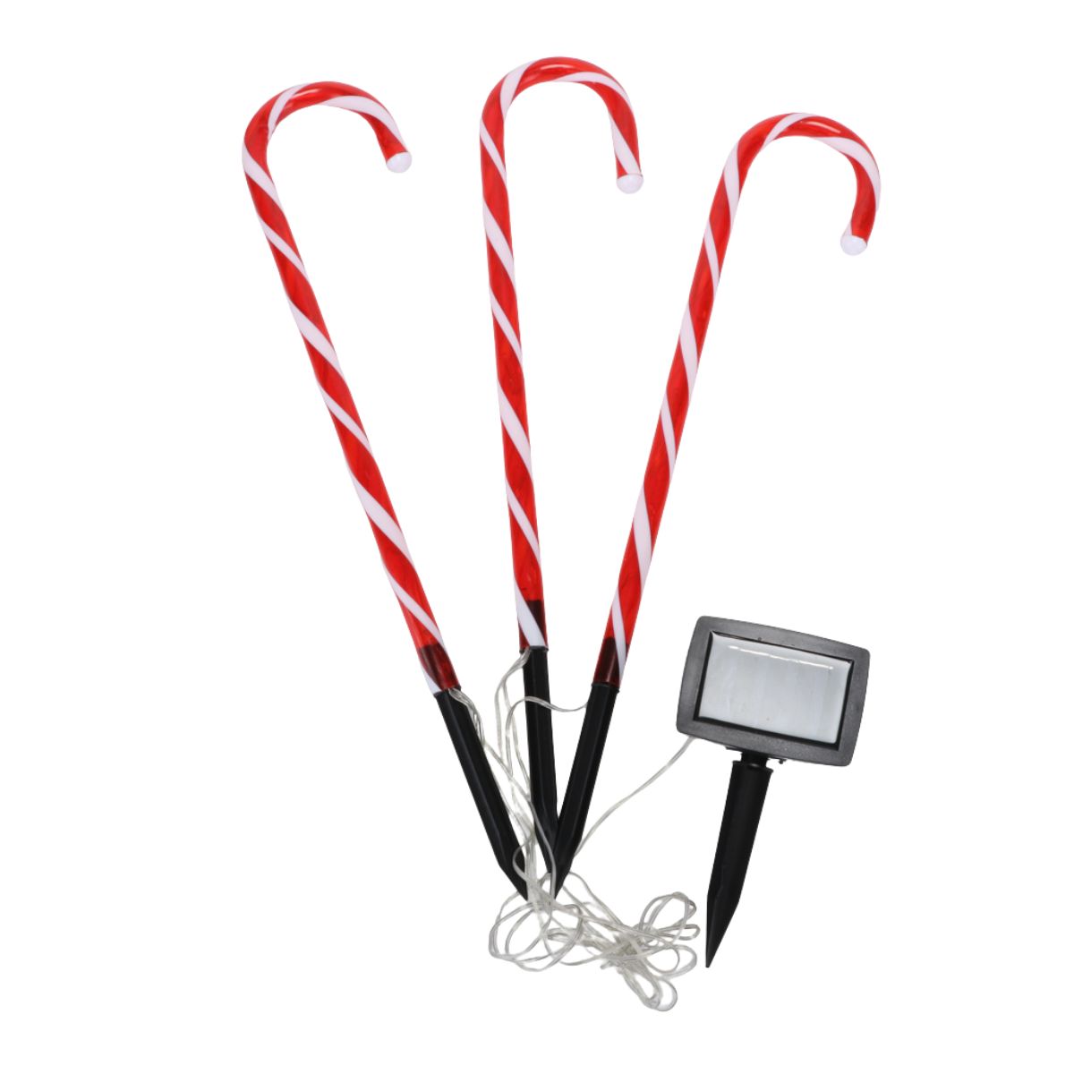 Christmas Stake Light Solar Candy Cane 3 Pack 24 LED (8 Per Stake) 16.5cm x 48cm 2.9m Total Length Lead