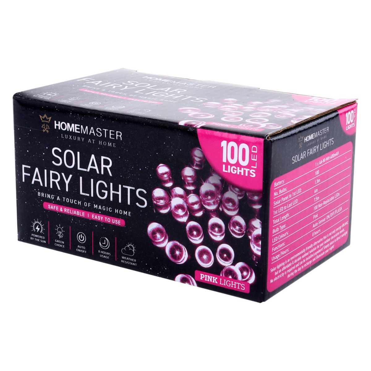 Fairy Light Solar 100 LED 7.5m Total Length Pink 2 Functions