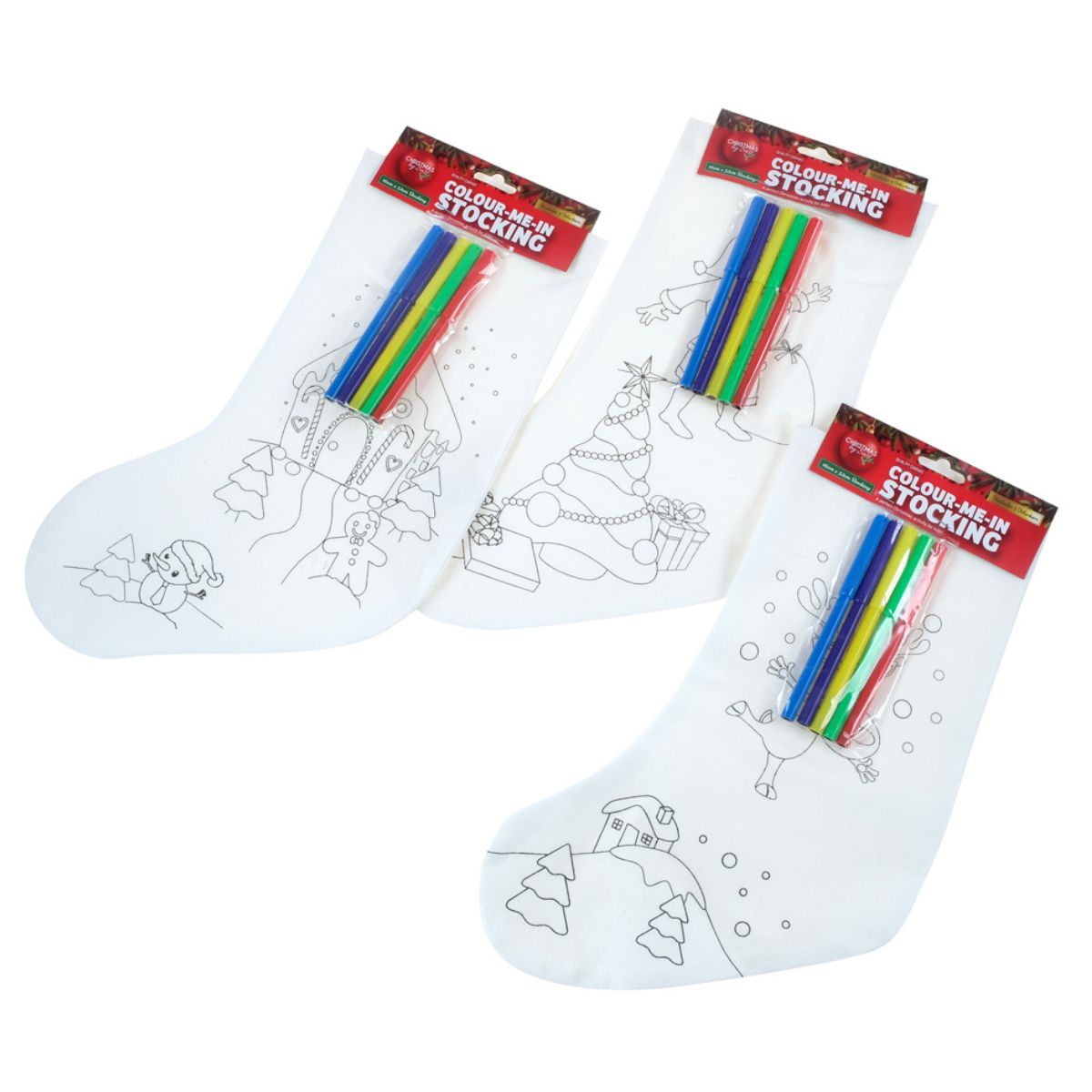 Colour-In Stocking Christmas with Markers 6pc 16.5cm X 32cm 3 Assorted Designs