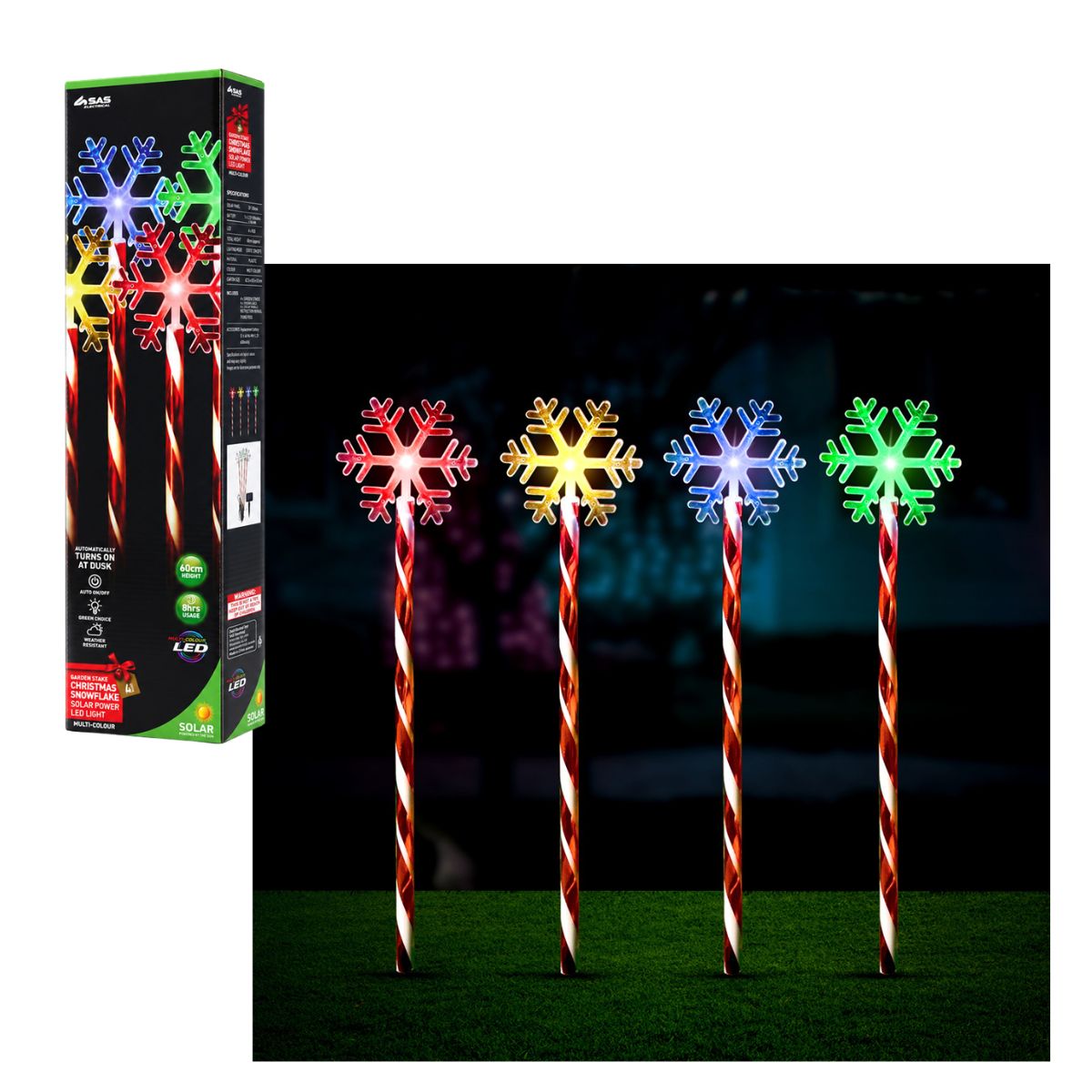 Christmas Stake Light Solar Candy Cane Snowflake 4 Pack 4 LED 11.8cm x 10.4cm x 60cm 5m Total Length 1