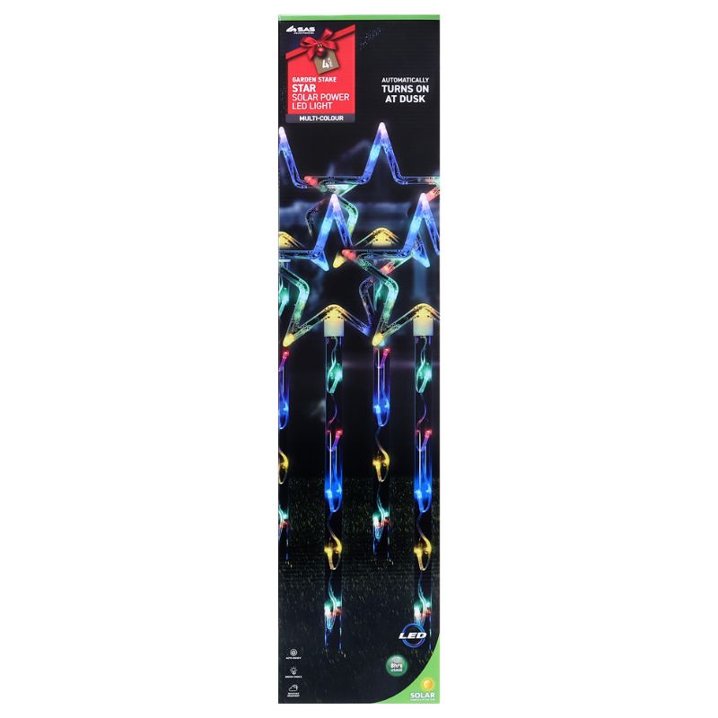 Christmas Stake Light Solar Star 4 Pack 60 LED (15 Per Stake) 19cm x 19cm x 60cm 3.4m Total Length Multi