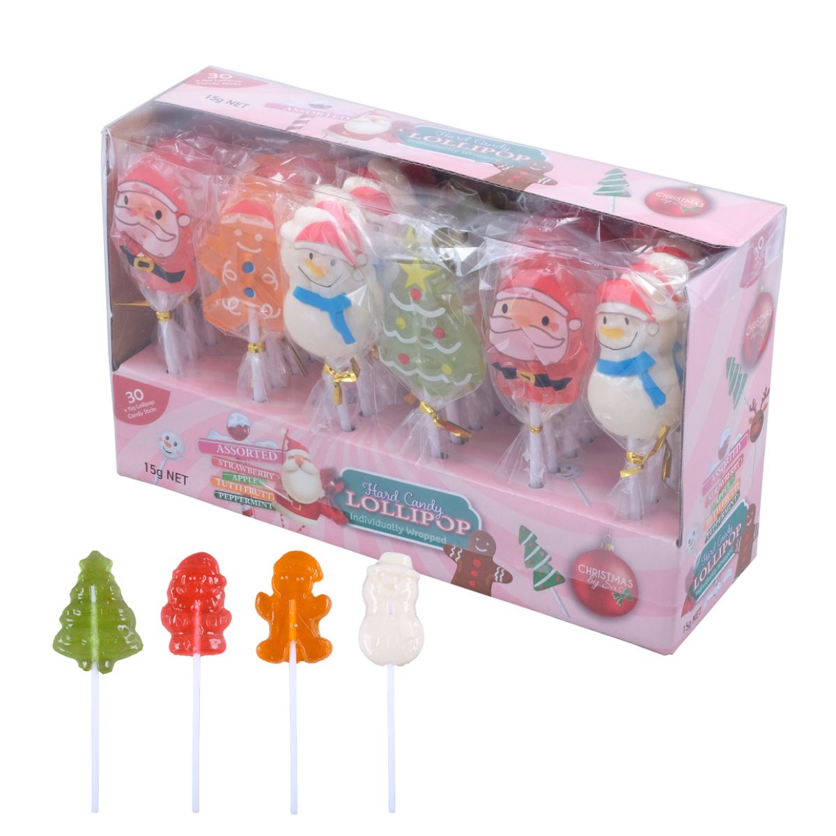 Candy Lollipops Christmas Characters 30 Pack 15g Each Santa/red - Strawberry Christmas Tree/green - Apple
