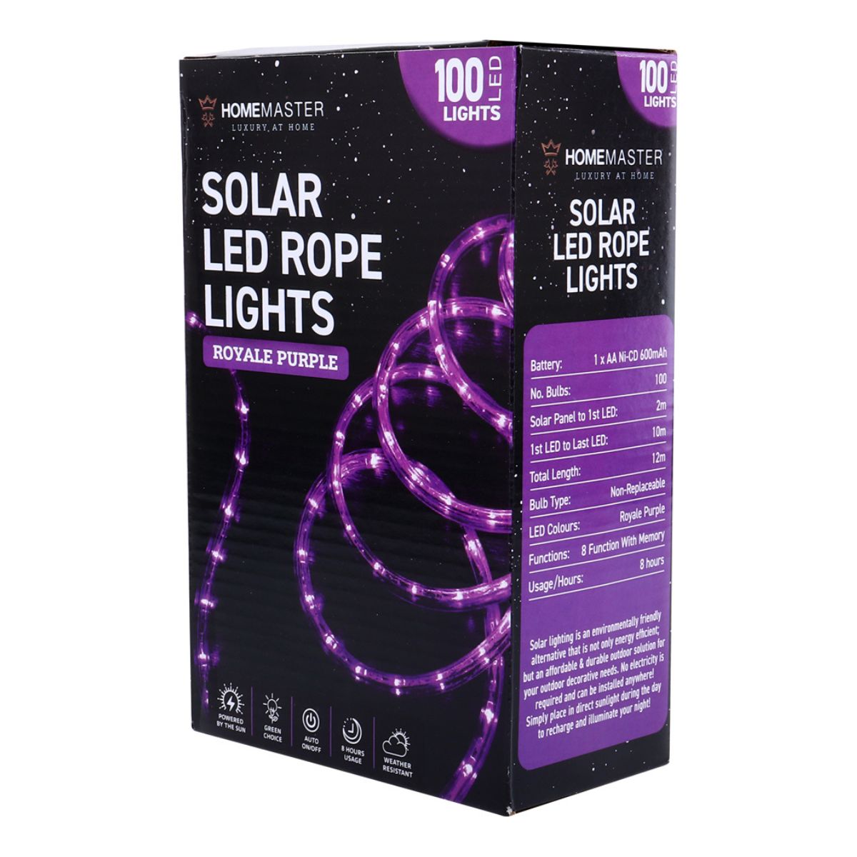 Rope Light Solar 100LED 12m Total Length Purple 8 Functions