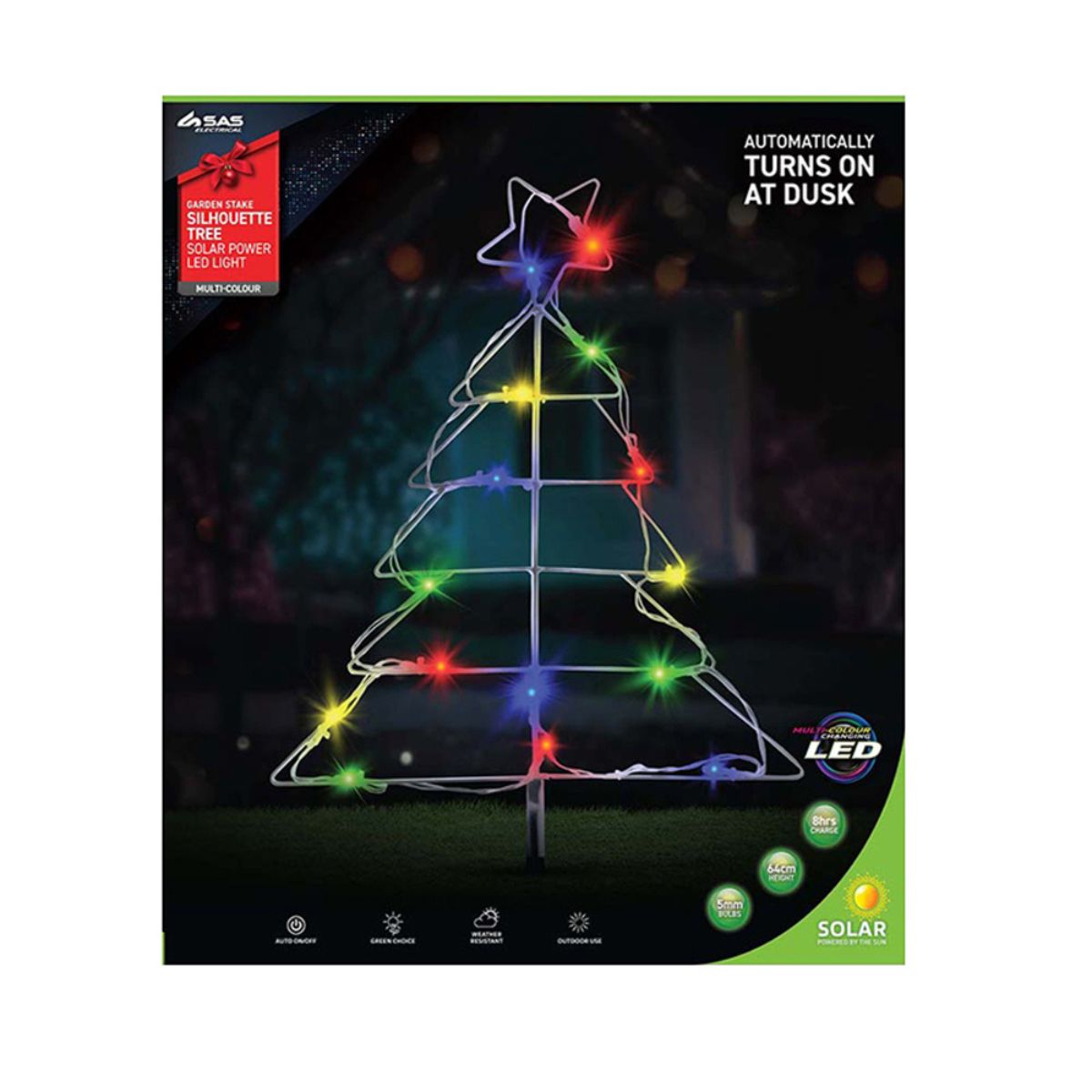 Stake Light Solar Silhouette Christmas Tree 16 LED 43cm x 51cm 1.9m Lead Mutlicolour 2 Function