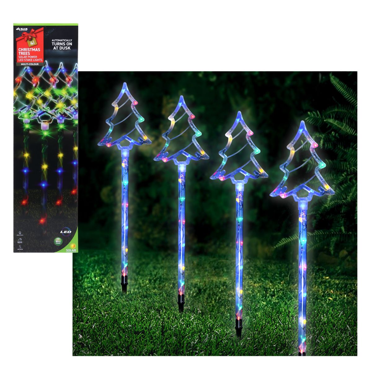 Stake Light Solar Christmas Trees 4 Pack 64 LED (16 Per Stake) 19cm x 16cm x 70cm 5m Total Length Multi