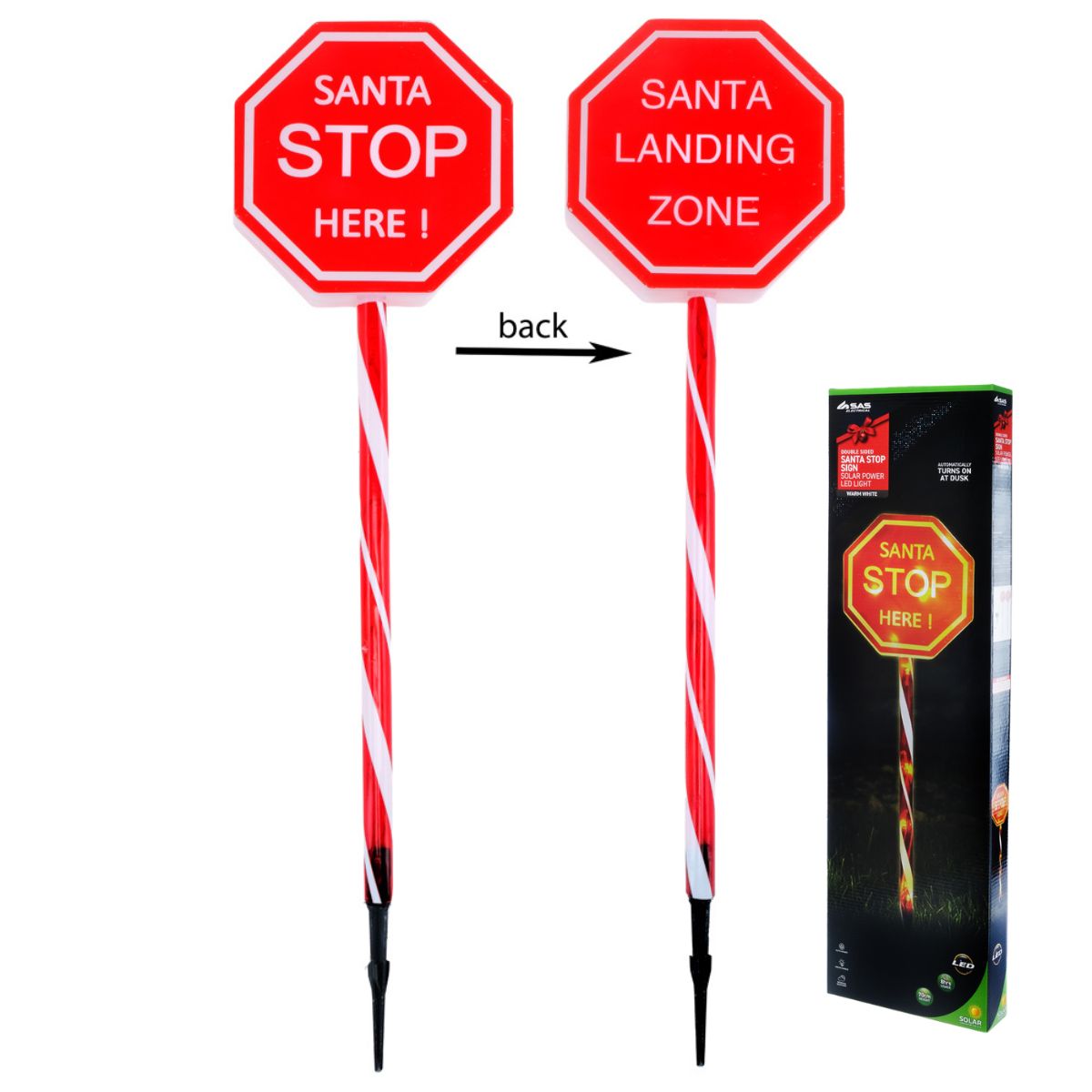 Stake Light Solar Double Sided Sign with Candy Striped Pole 14 LED 18cm x 70cm Warm White 2 Function