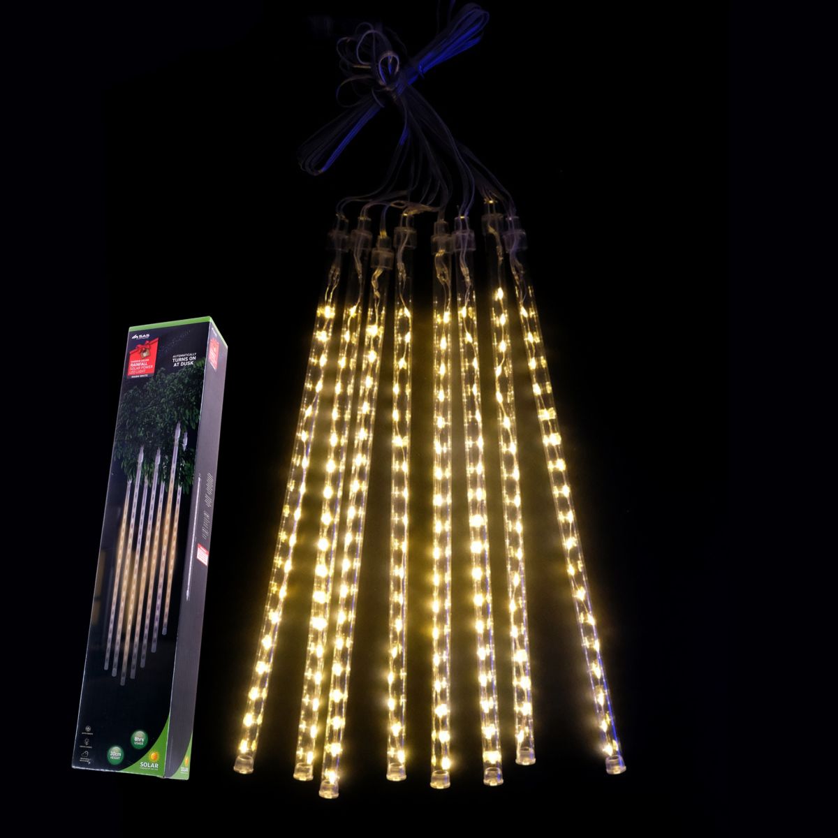 Fairy String Light Solar Tube 8 Pack 192 LED (24 Per Tube) 4.9m Total Length Warm White Meteor Function