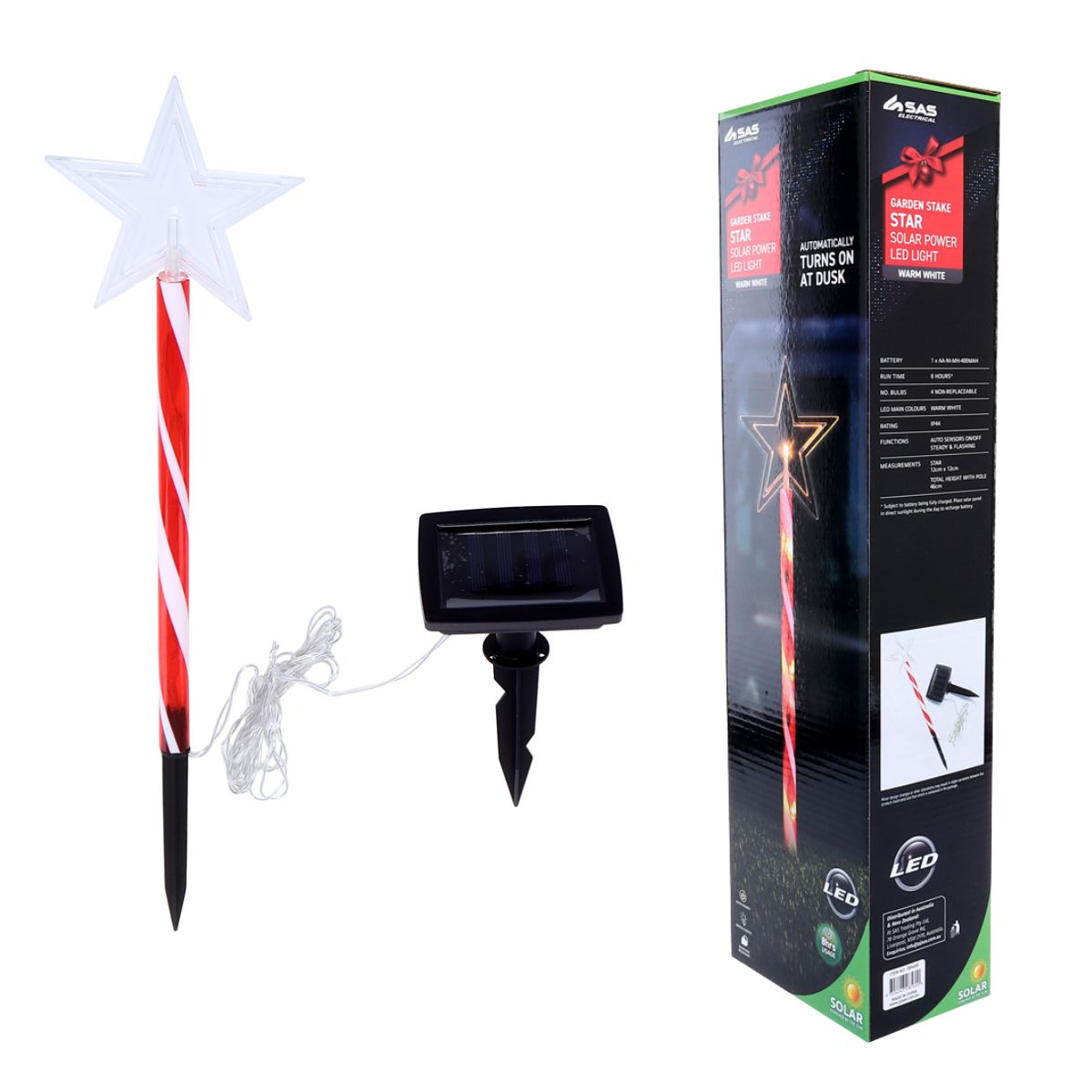 Christmas Stake Light Solar Star with Candy Striped Pole 5 LED 12cm x 12cm x 46cm Warm White 2 Functions