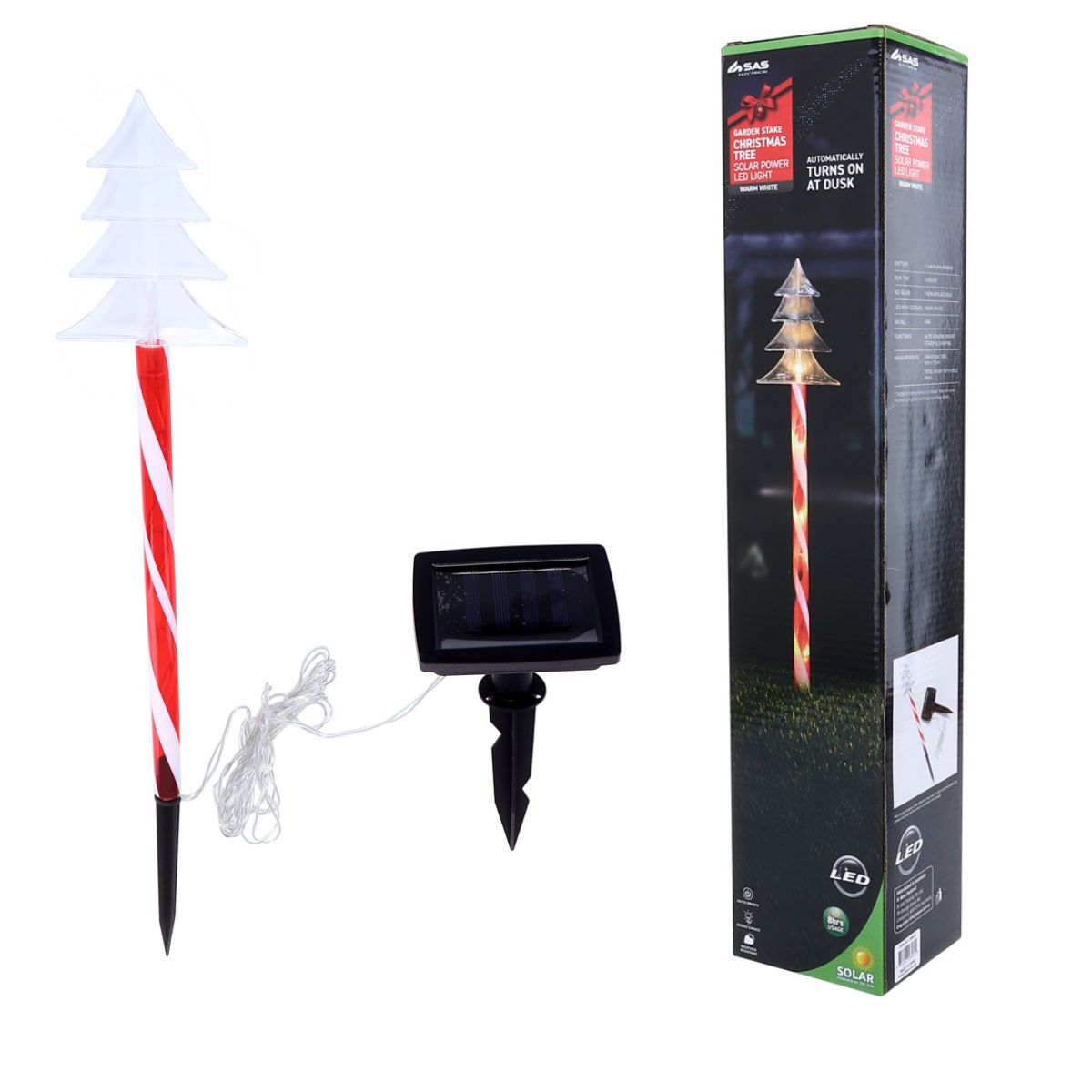 Stake Light Solar Christmas Tree with Candy Striped Pole 5 LED 9cm x 9cm X 48cm Warm White 2 Functions