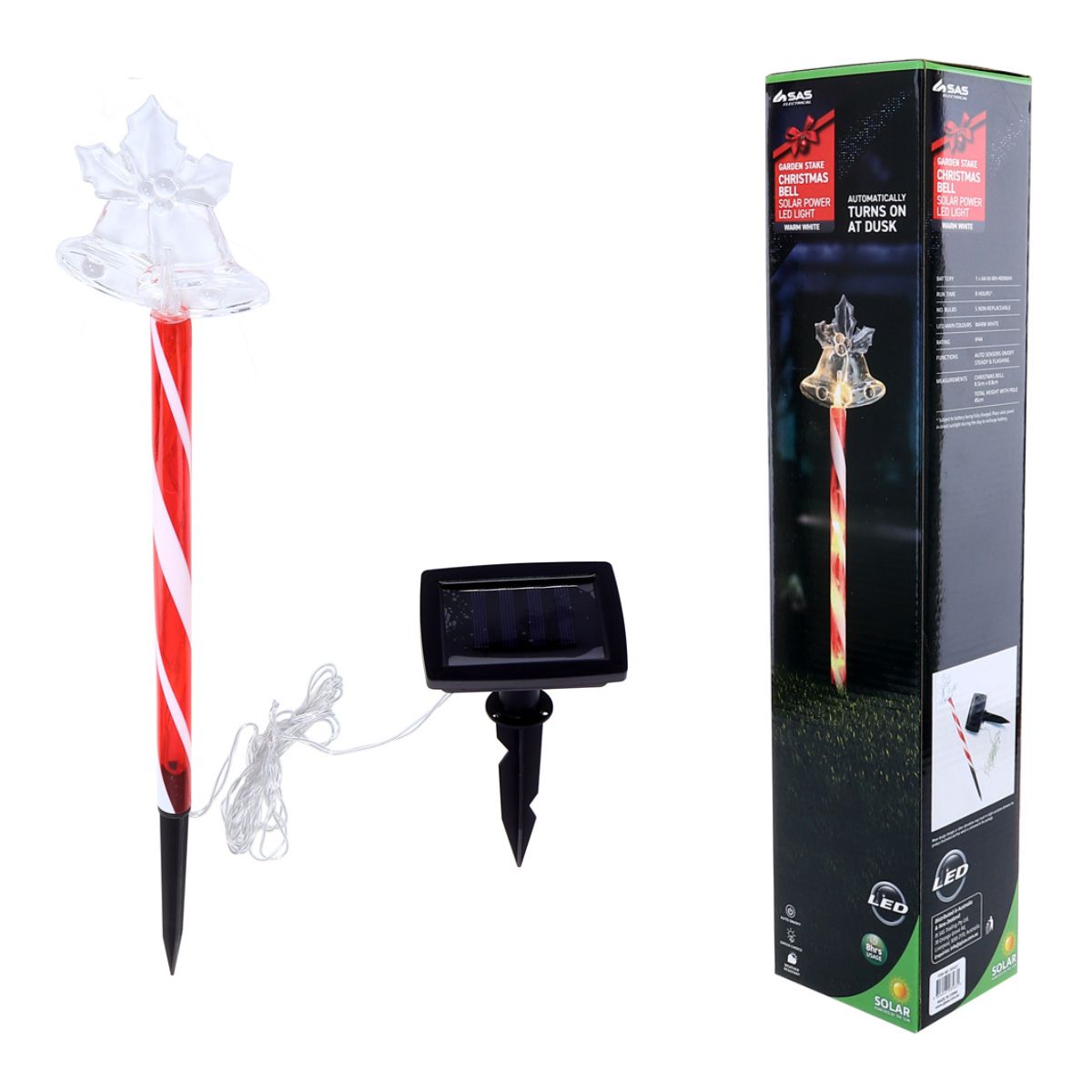 Stake Light Solar Christmas Bell with Candy Striped Pole 5 LED 8.5cm x 10cm x 45cm Warm White 2 Functions
