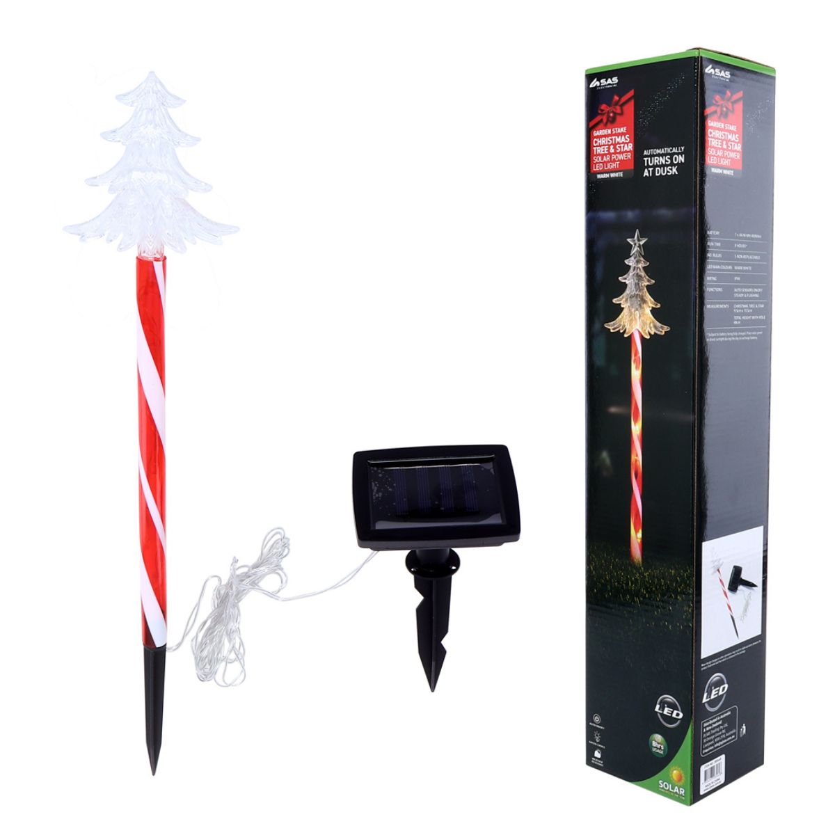 Stake Light Solar Christmas Tree 3D with Candy Striped Pole 5 LED 9.5cm x 13.5cm x 48cm Warm White 2