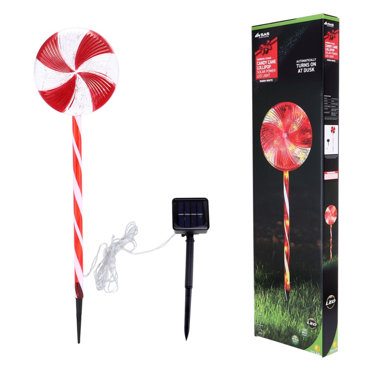 Christmas Stake Light Solar Candy Cane Lollypop with Candy Striped Pole 28 LED 18cm x 18cm x 58cm Warm