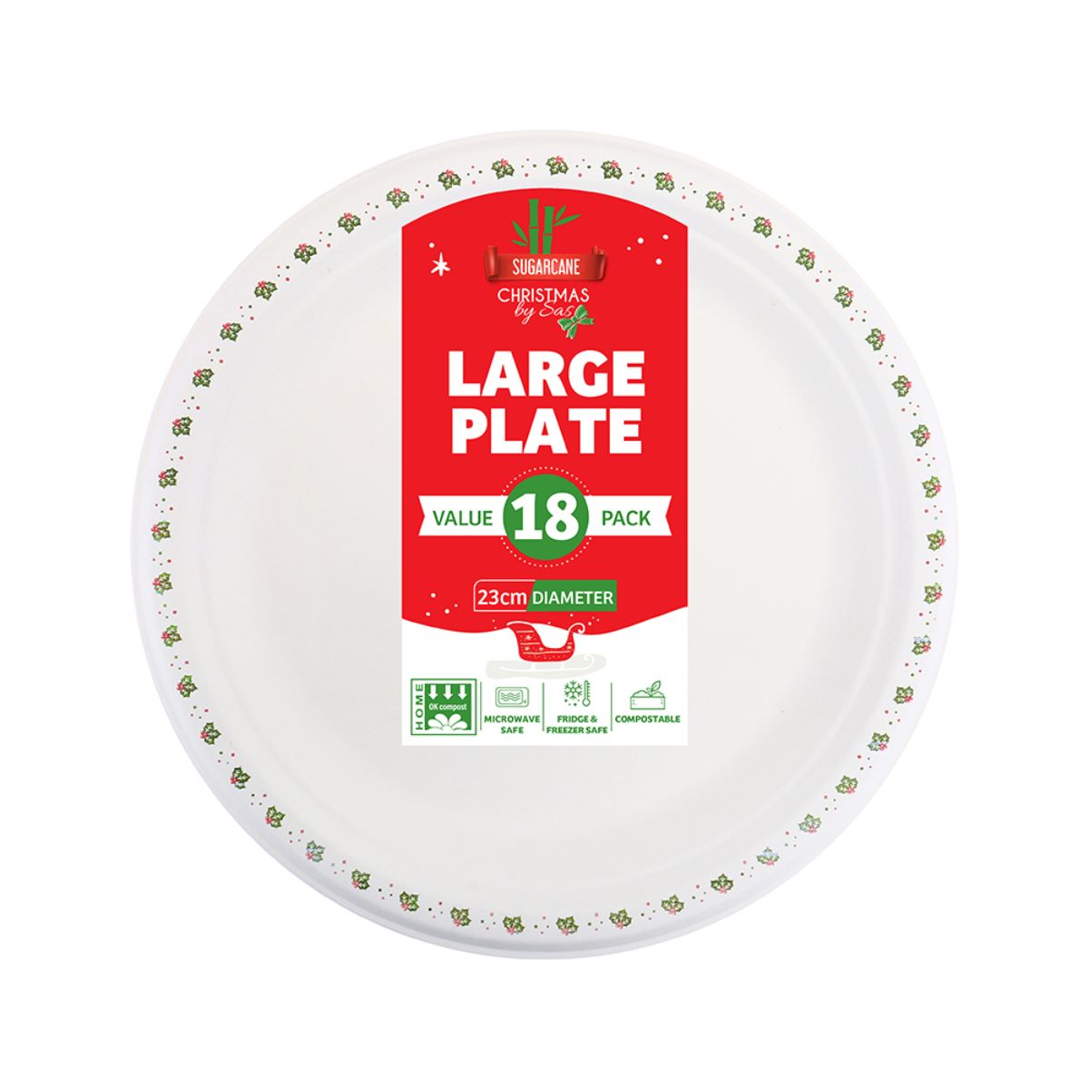 Sugarcane Bagasse Christmas Round Plates Large 18 Pack Ø23cm Holly Print