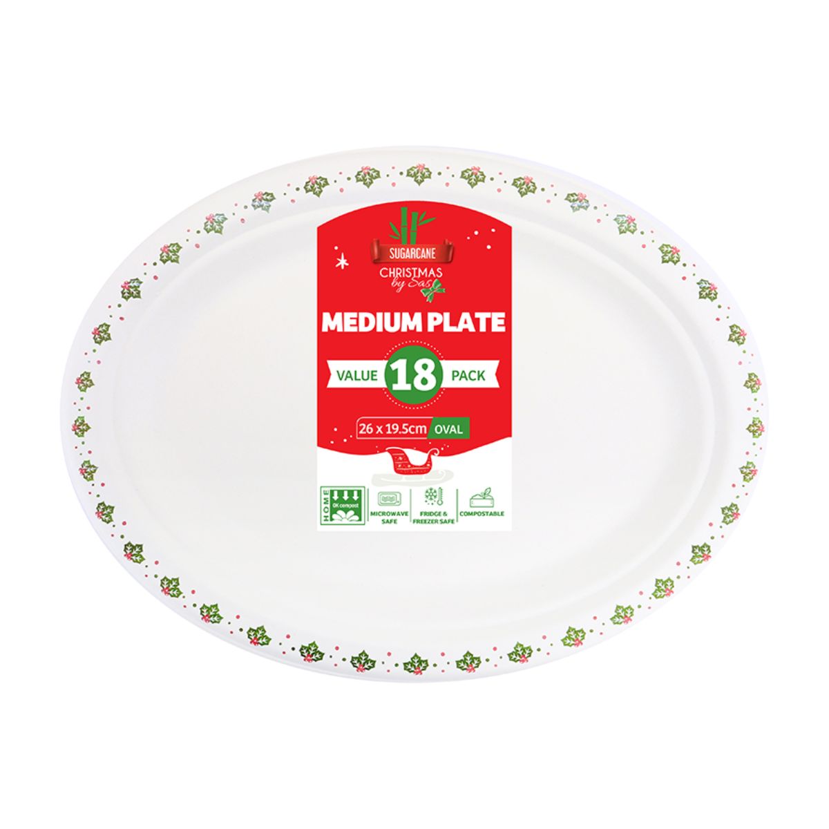 Sugarcane Bagasse Christmas Oval Plates 18 Pack 26cm x 19.5cm Holly Print