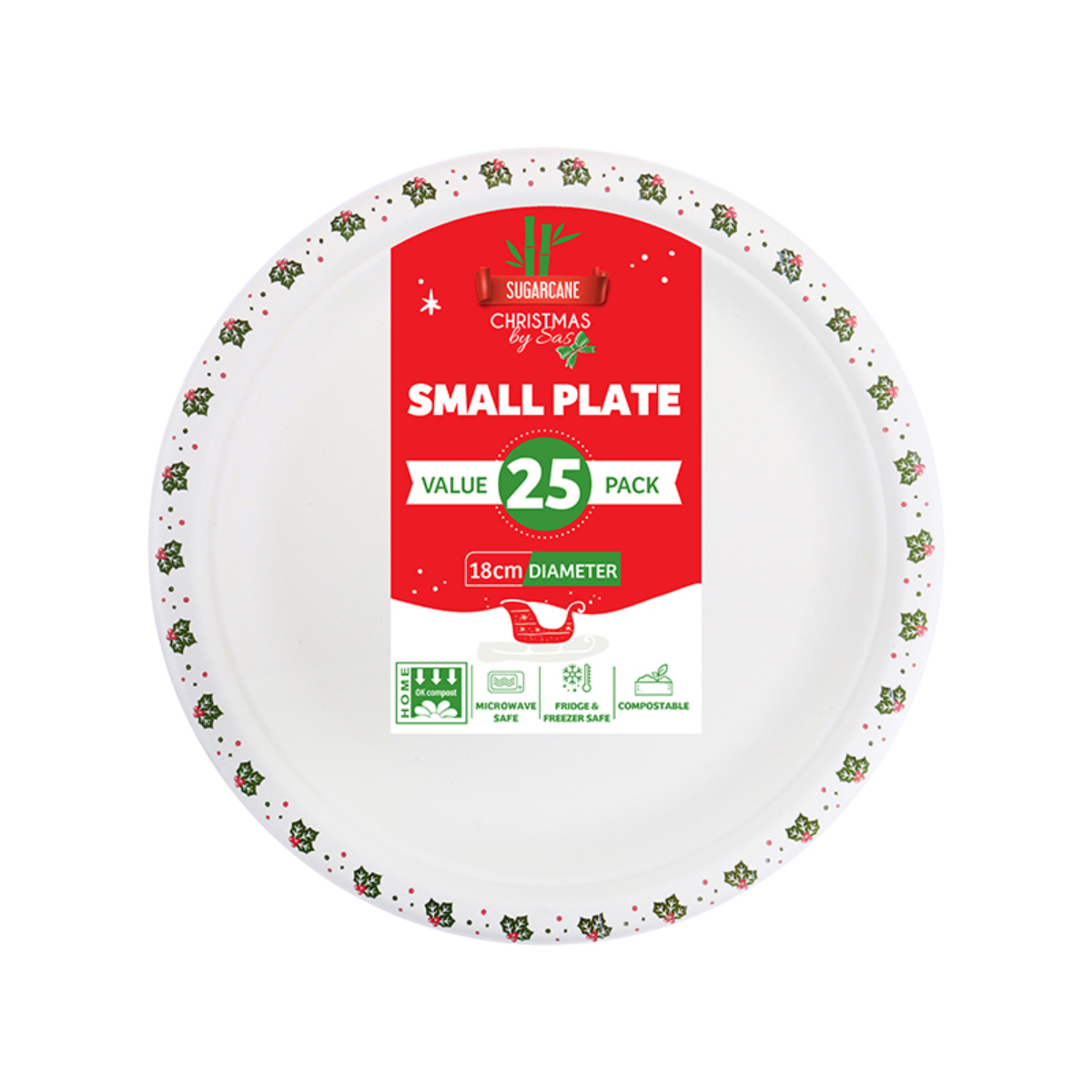 Sugarcane Bagassechristmas Round Plates Small 25pk Ø18cm Holly Print