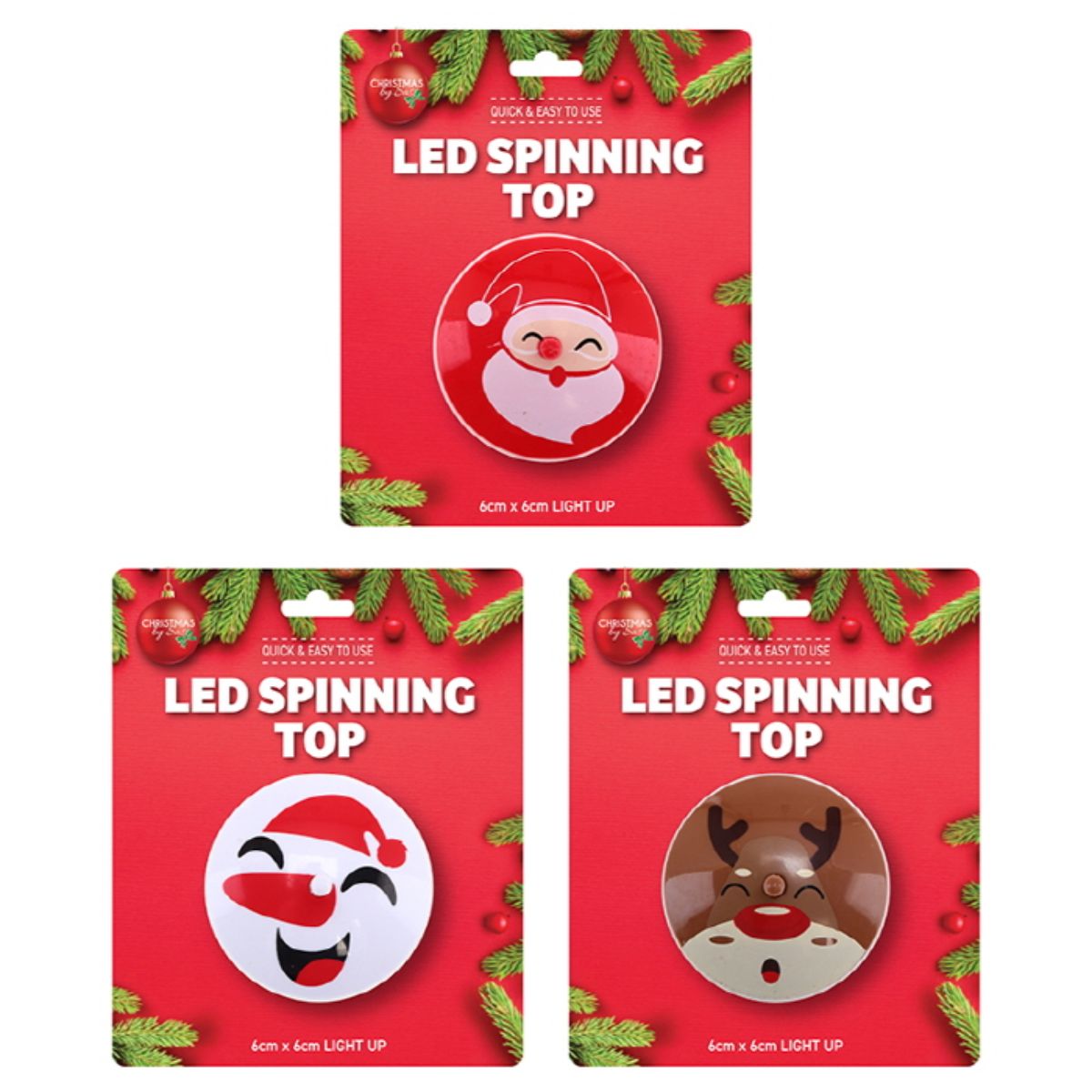LED Light Up Spining Top Christmas 6cm X 6cm X 4.5cm 3 Assorted Designs Requires: 2 X AG13 Batteries (included)