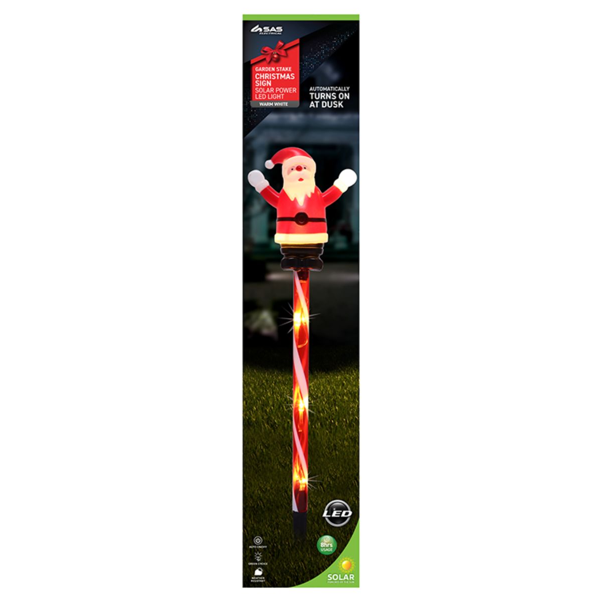 Stake Light Solar Christmas Santa with Candy Stripe Stake 5 LED 11cm x 8cm X 47cm Warm White 2 Functions