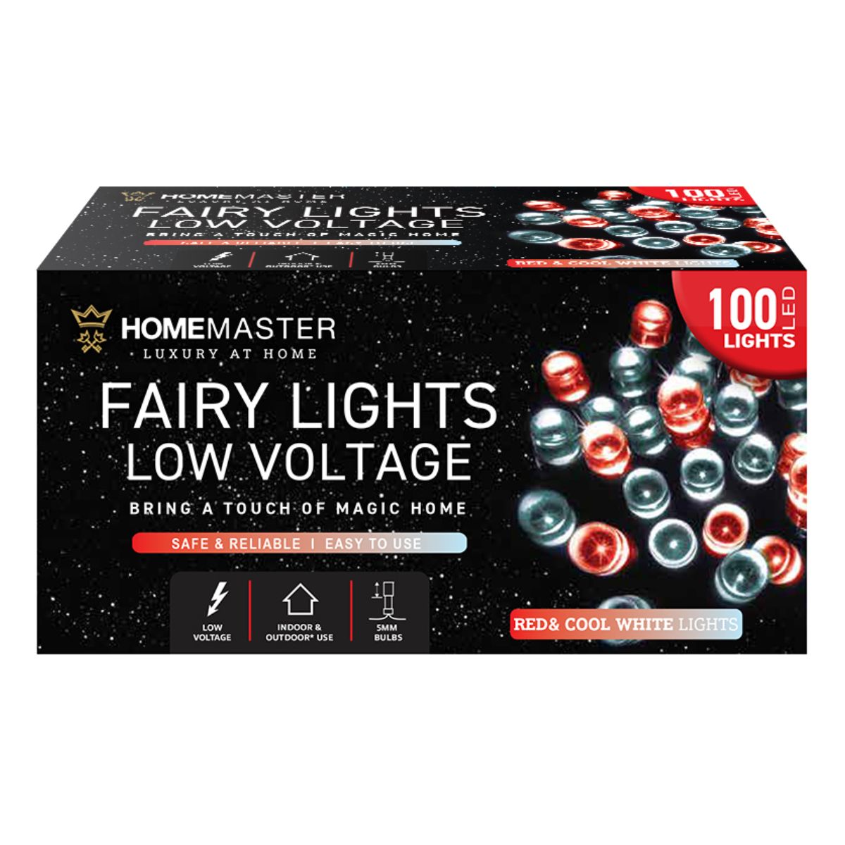 Fairy Light Low Voltage 100 LED 6.5m Total Length Red & Cool White 8 Function