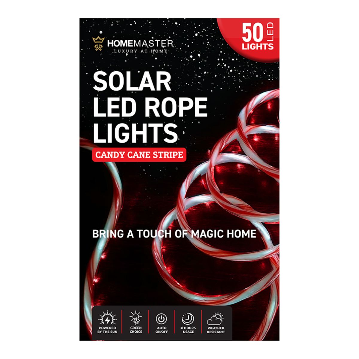 Christmas Rope Light Solar 50 LED 7m Total Length Candy Cane Cool White 8 Functions