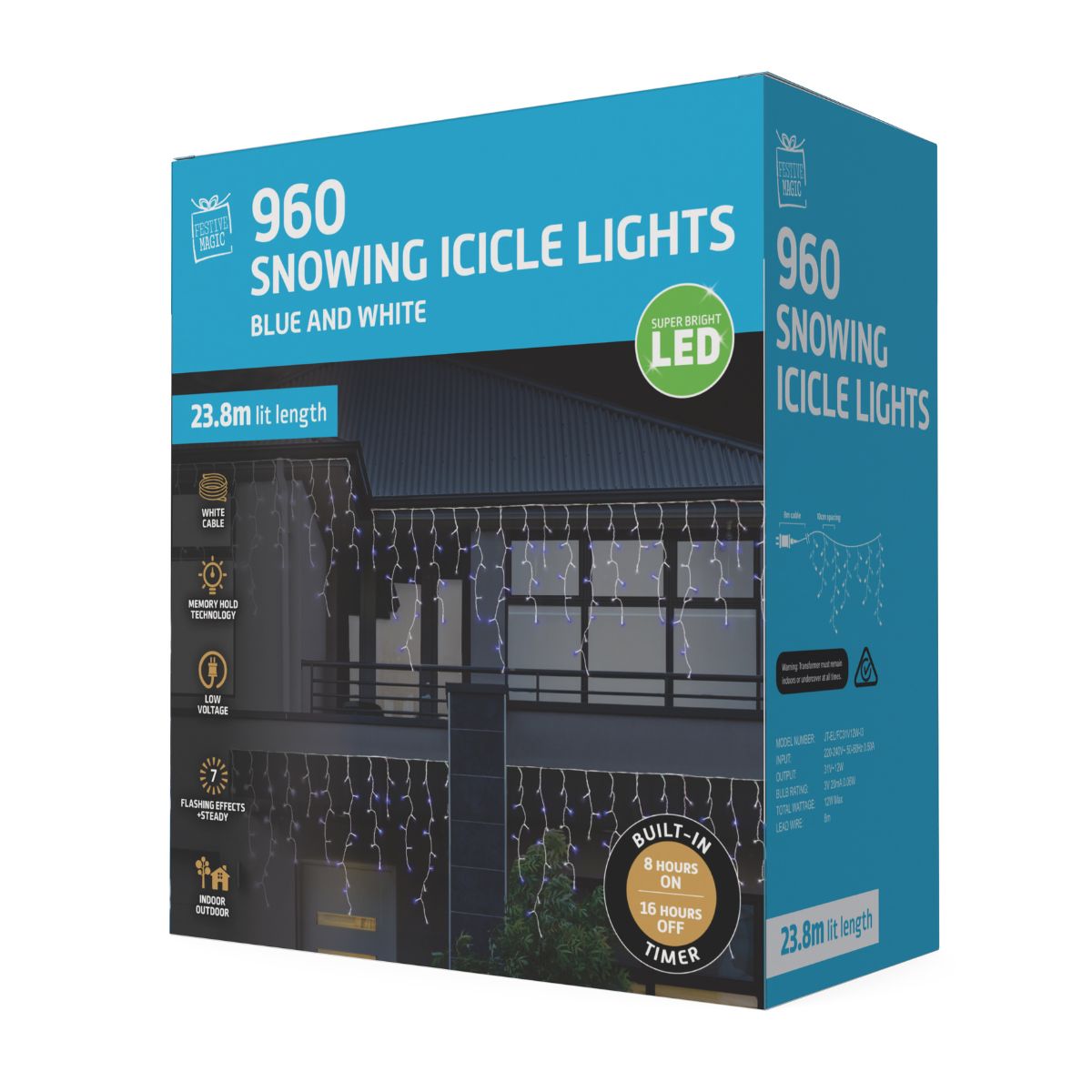 LED Snowing Icicles Timer 960 Blue-White
