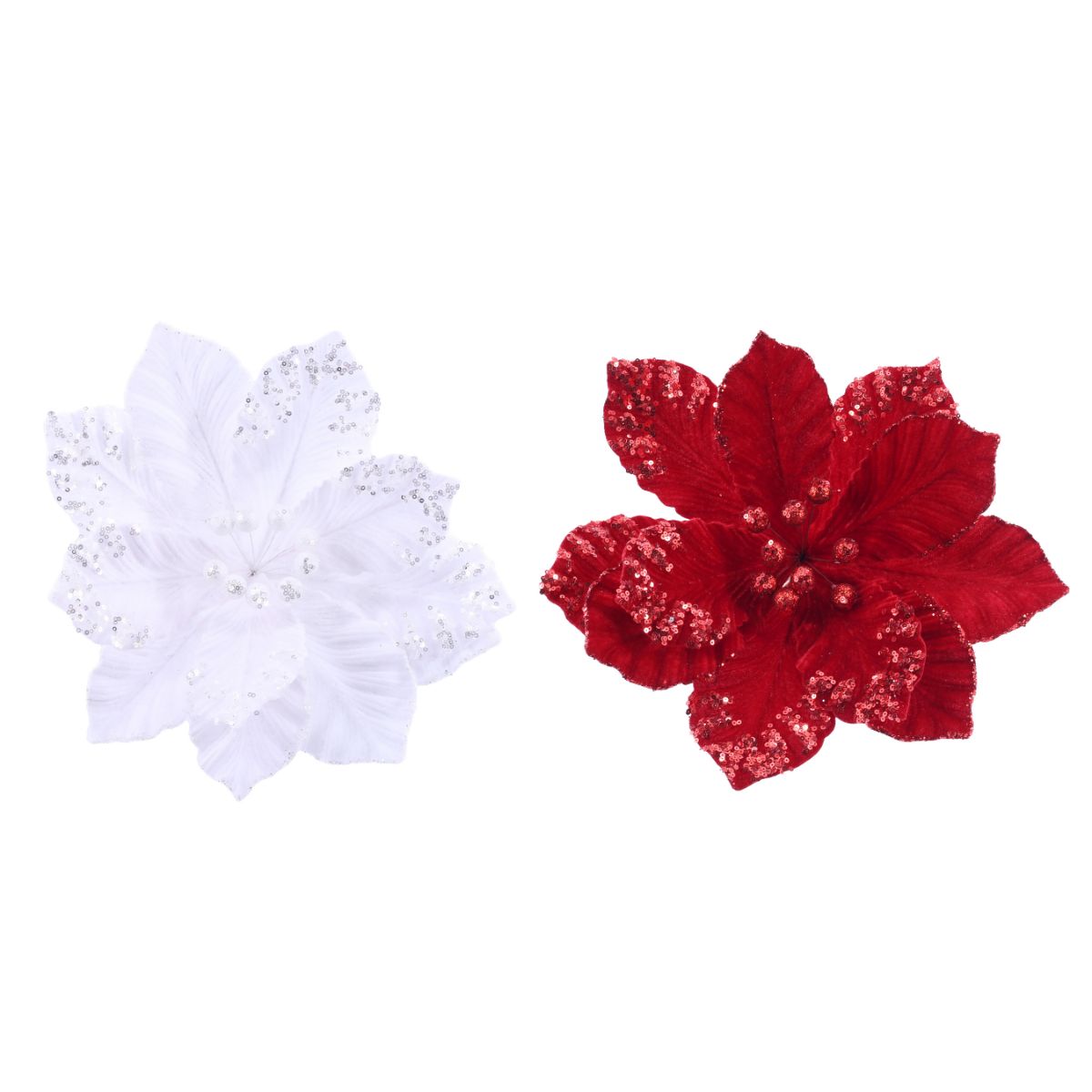 Christmas Embossed Sequin Poinsettia Stem Assorted