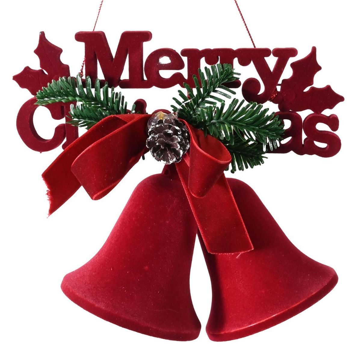 Hanging Flocked Bell Sign - Woodland Velvet Christmas decoration