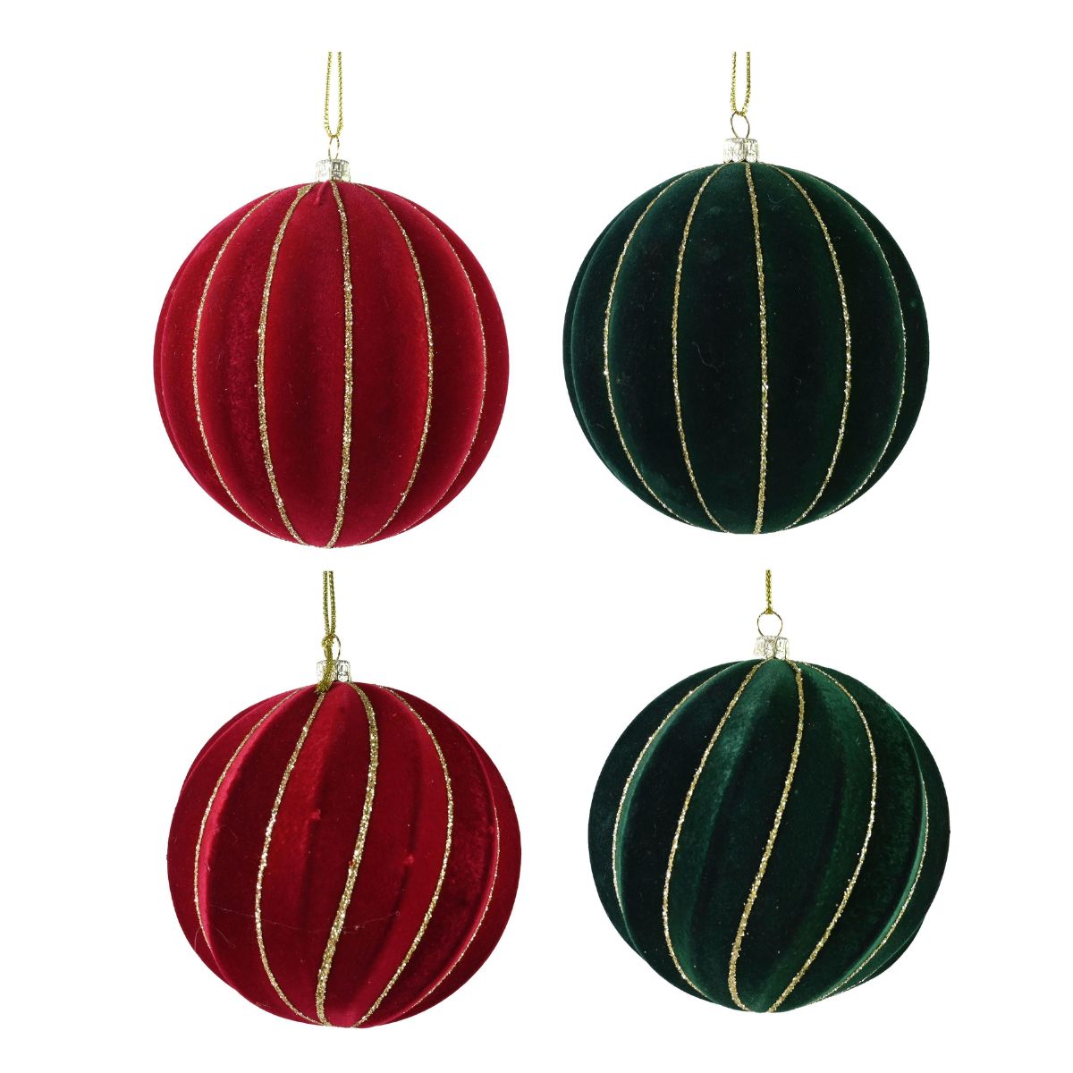 Flocked Rib Glitter Bauble 10cm Asst - Woodland Velvet Christmas decoration