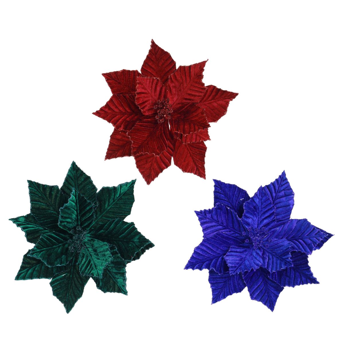 Christmas Glitter Velvet Poinsettia Clip Assorted - affordable Luxe Heritage Christmas decoration NZ