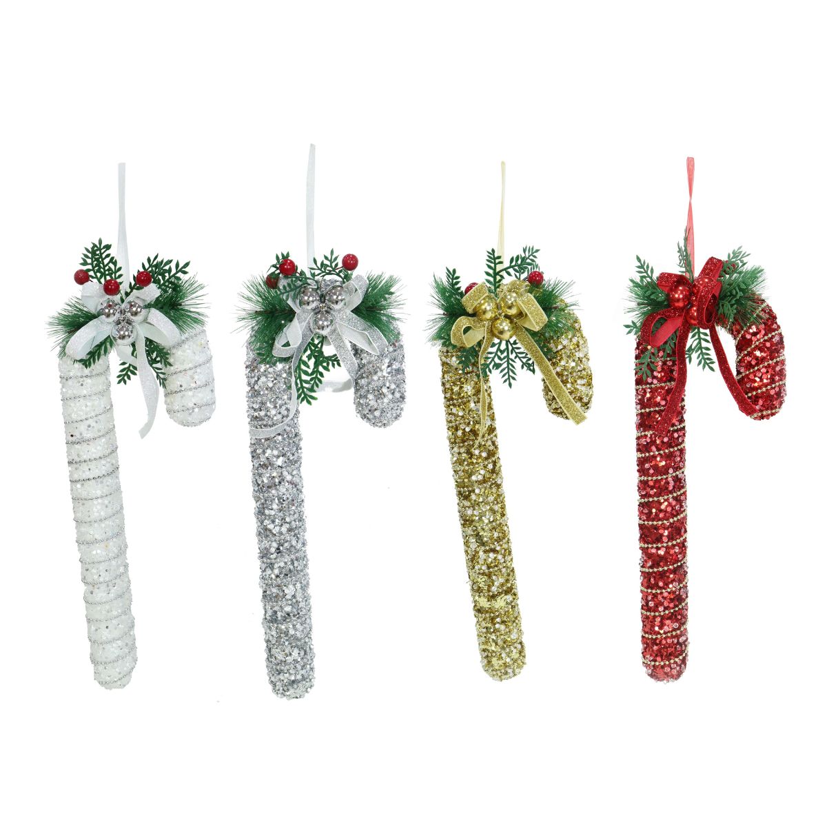 Sparkly Candycane with Pine Decoration 33cm Assorted