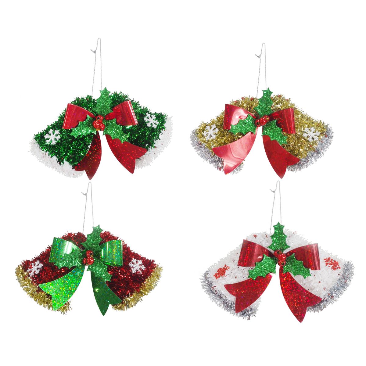Christmas Tinsel Hanging Twin Bells Assorted