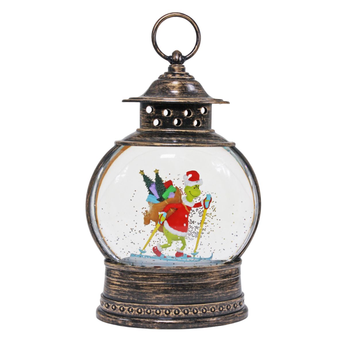 Christmas Round Brass Lantern with Grinch Skiing Design