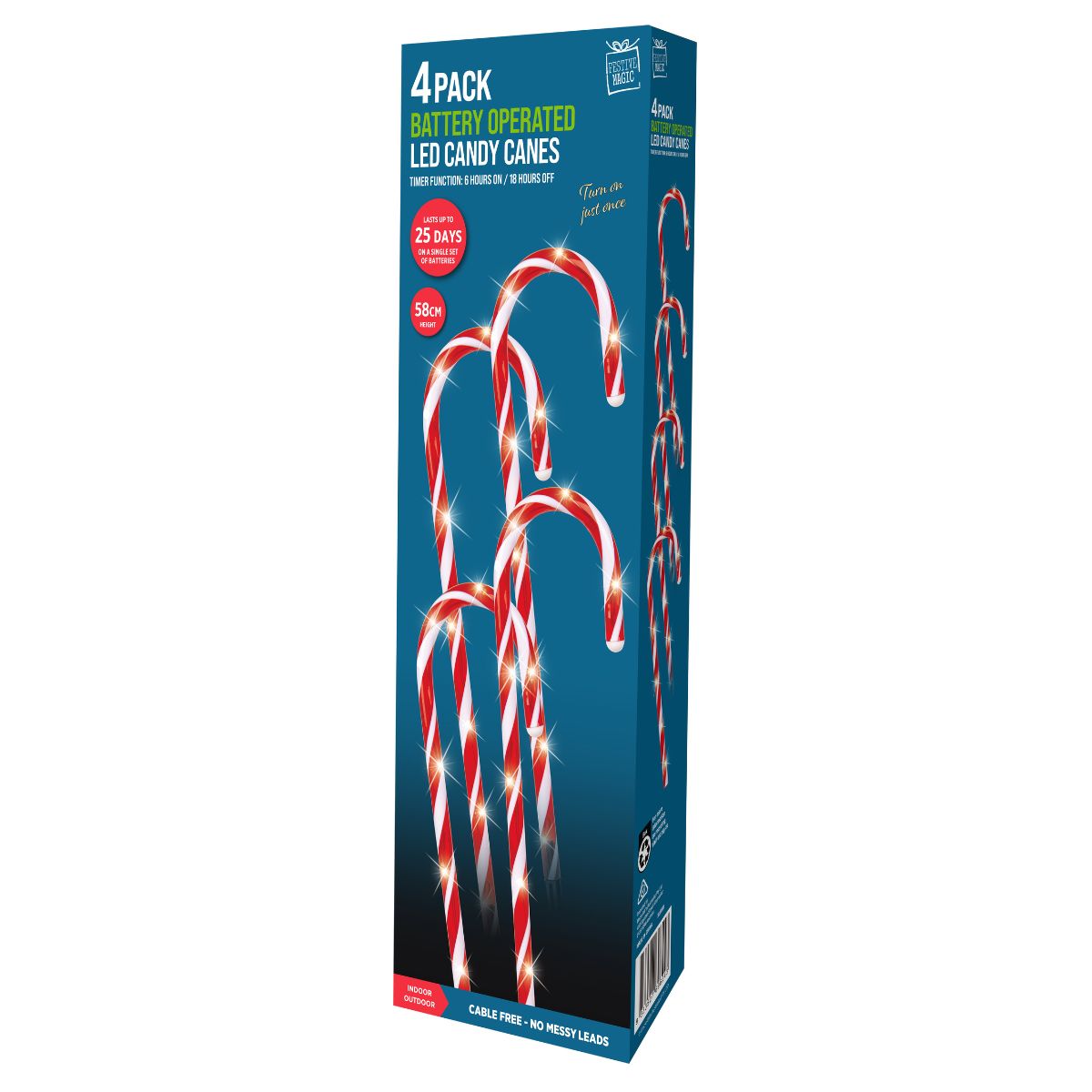 Christmas Timer LED Candy Cane Stakes 4 Pack 58cm B/op