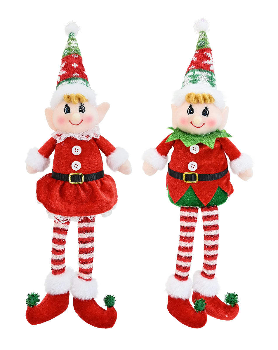 Two Christmas elf dolls standing side by side on a plain white background. Each doll wears a red and green outfit with striped red-and-white legs, white furry cuffs and boots, and a pointed hat with a white pom-pom.