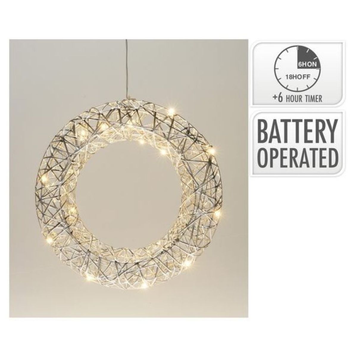 Christmas Wreath 30cm with 20 LED Silver Battery Operated