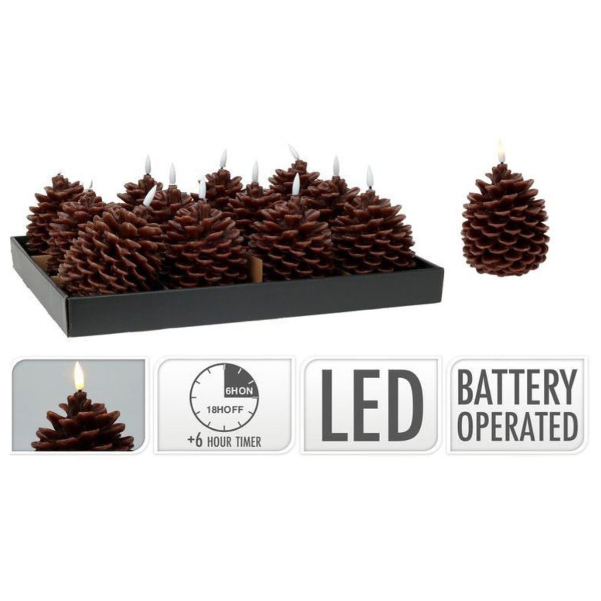 LED Candle Pine Cone 7cm Brown Battery Operated