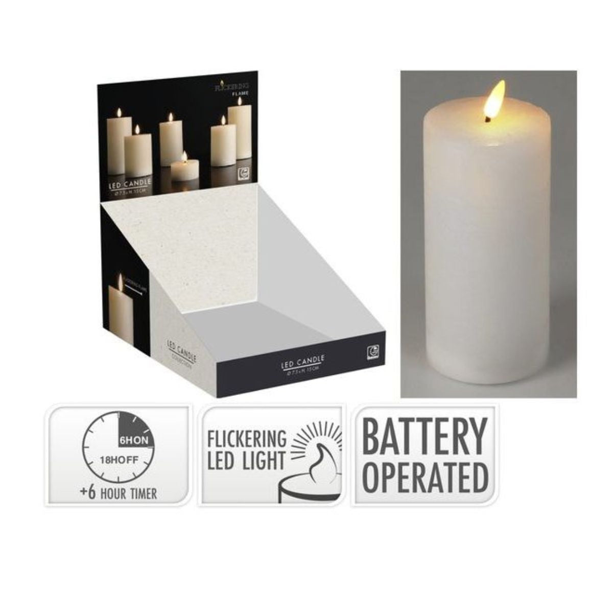 LED Candle 75 x 150mm White Battery Operated