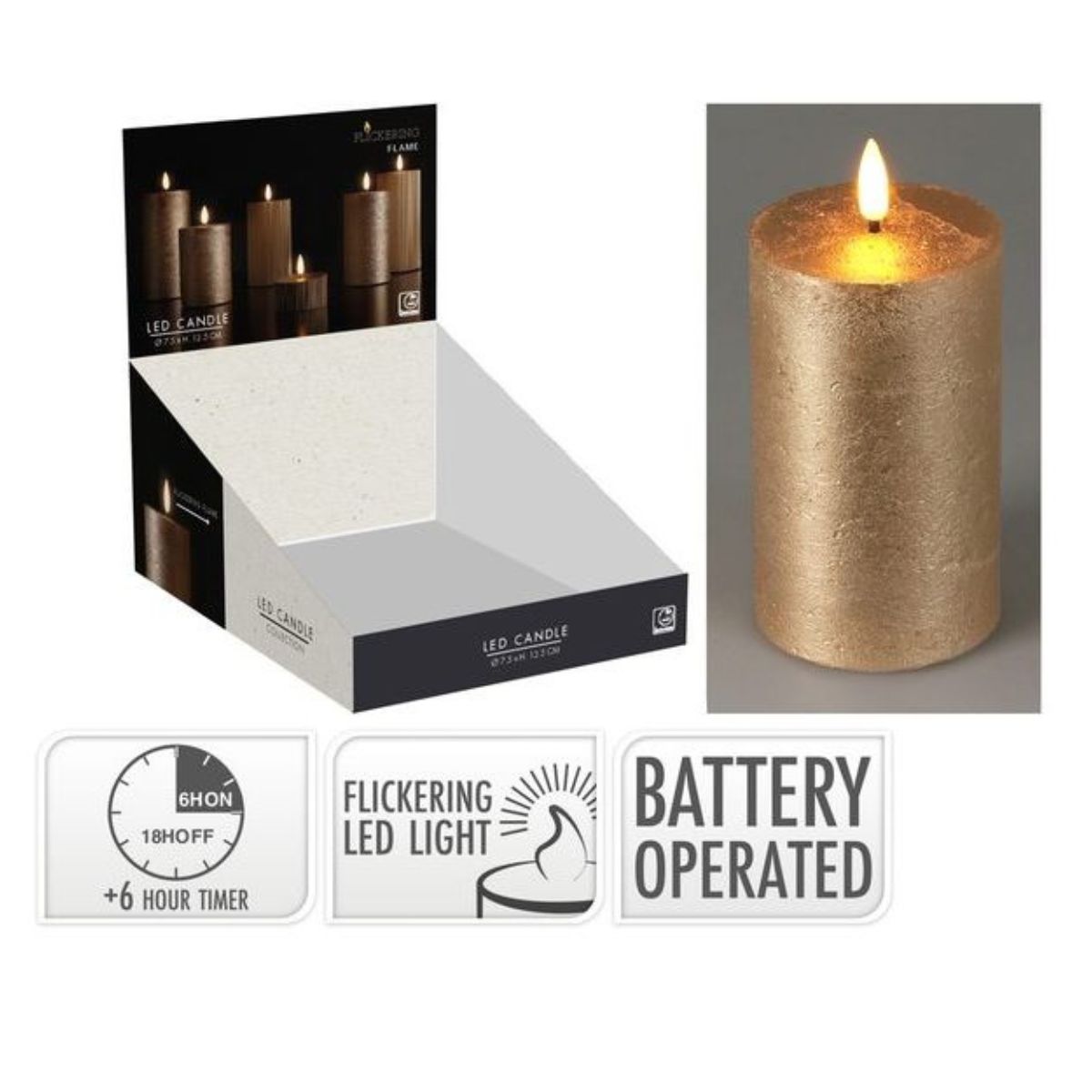 LED Candle 75 x 125mm Gold Timer Battery Operated