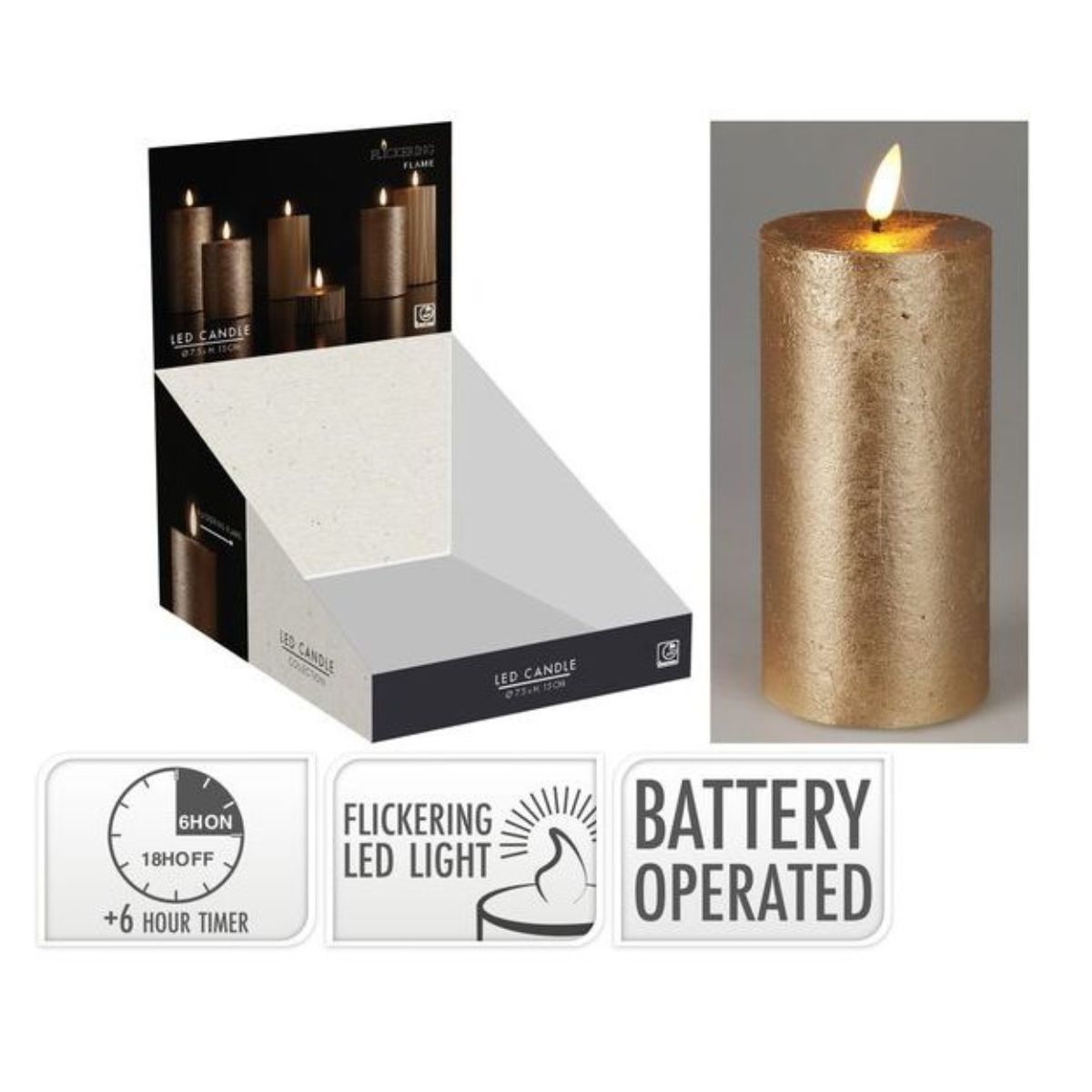 LED Candle 75 x 150mm Gold Timer Battery Operated
