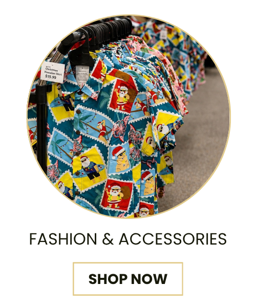 A circular inset photo shows a rack of colorful short-sleeve button-up shirts with a postage stamp pattern featuring Santa Claus. Below, the text reads 'FASHION & ACCESSORIES' above a 'SHOP NOW' button on a white background.