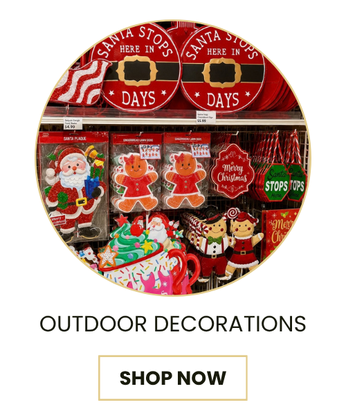 A circular product display of outdoor Christmas decorations, including Santa-themed signs, gingerbread cookie cutters, and holiday-themed mugs, with text below reading 'OUTDOOR DECORATIONS' and a 'SHOP NOW' button.