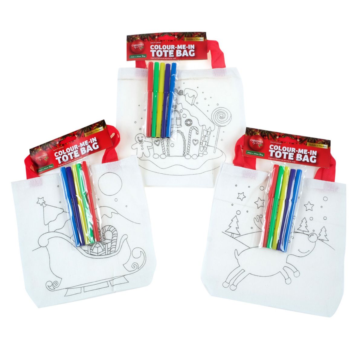 Colour-In Tote Bag Christmas with Markers 21cm X 20cm 3 Assorted Designs
