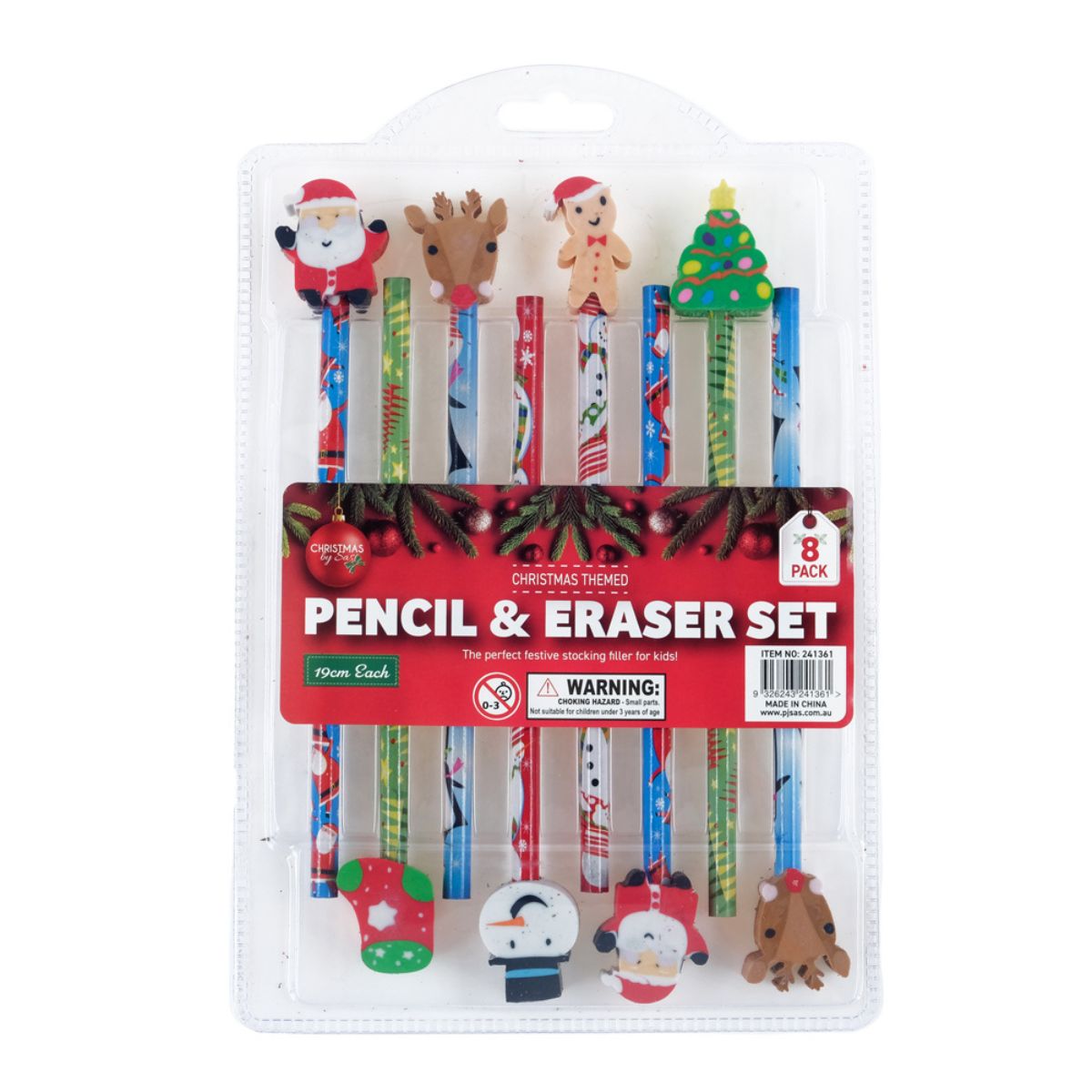 Pencil & Eraser Set Christmas 8 Pack 19cm Multicolour 8 Assorted Designs